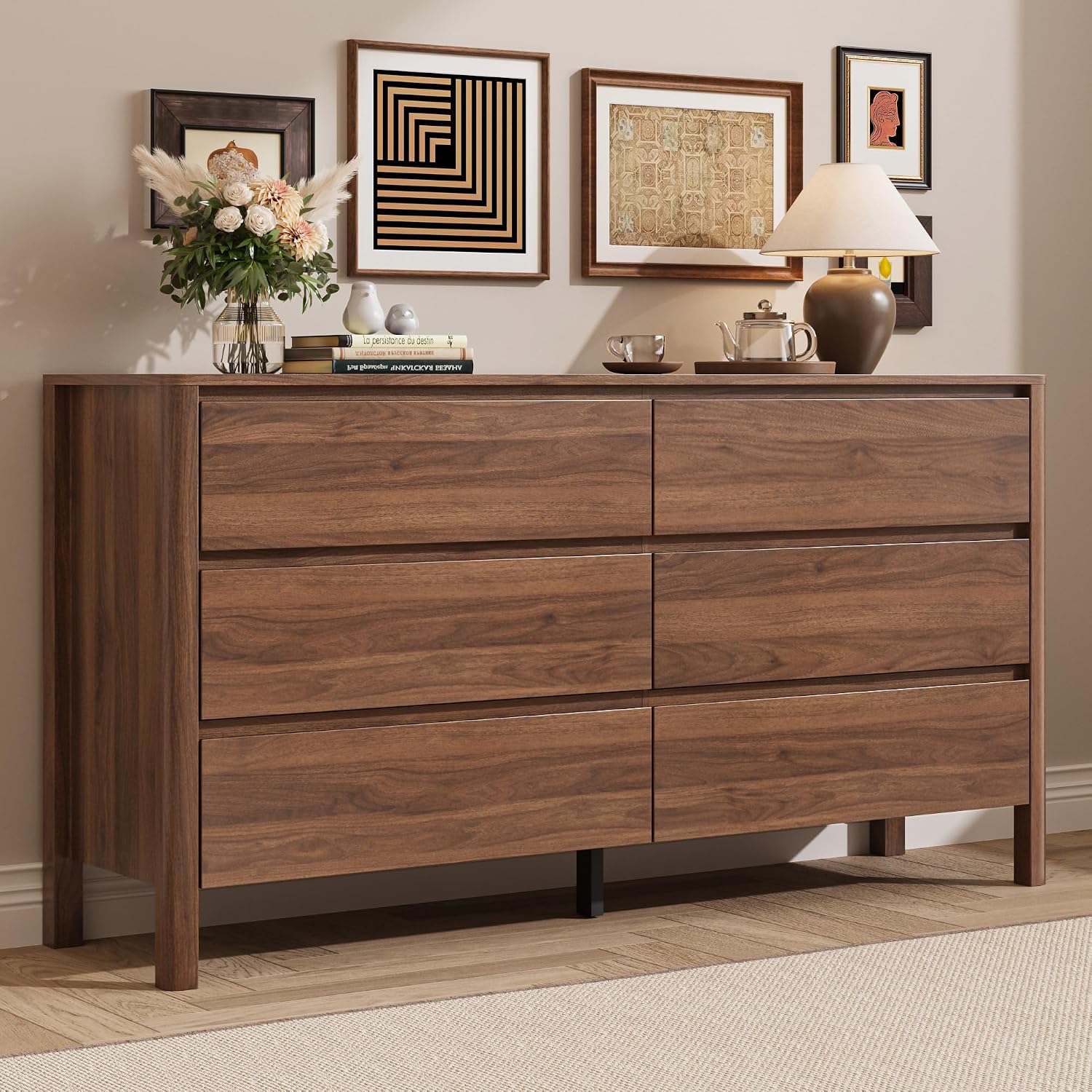 Walnut Six Drawer Hidden Handle Dresser