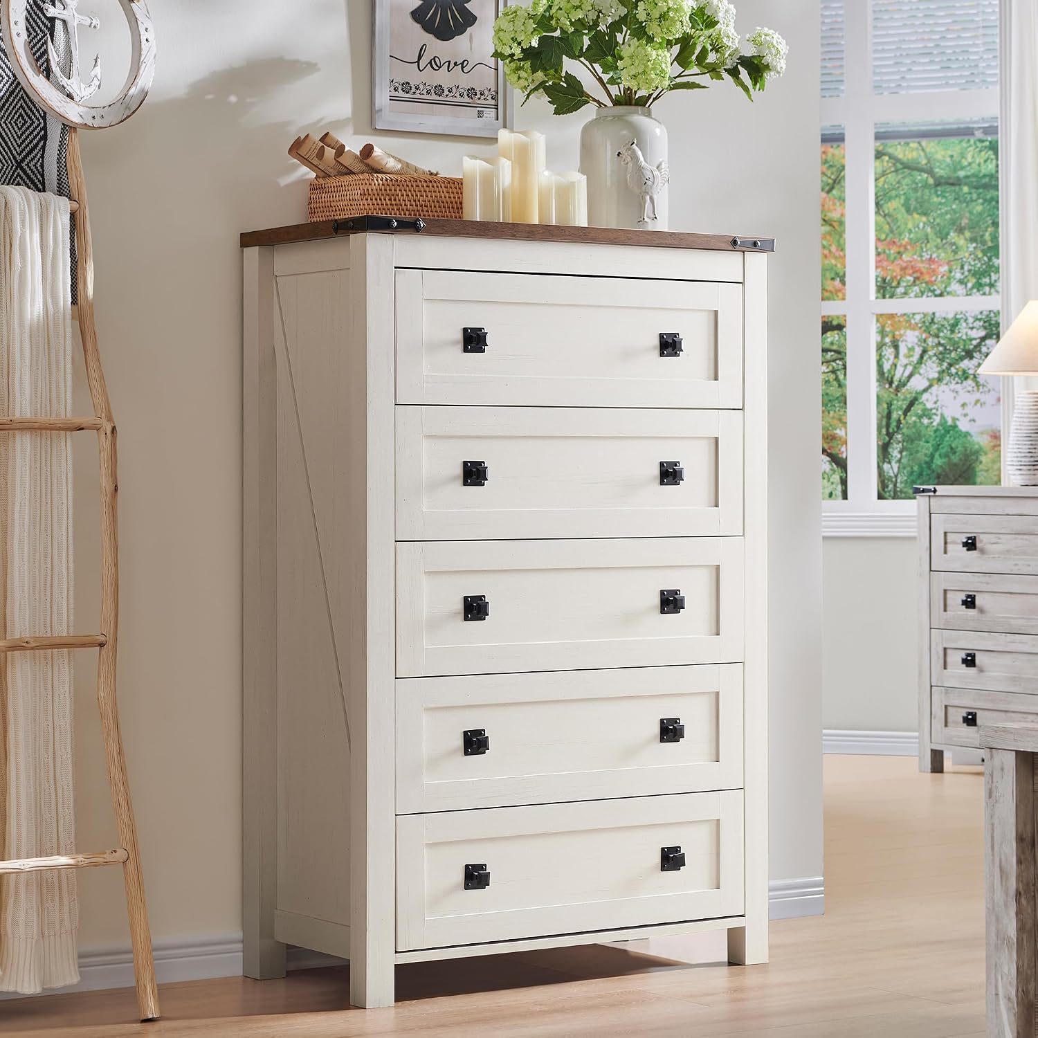 Antique White Five Drawer Dresser