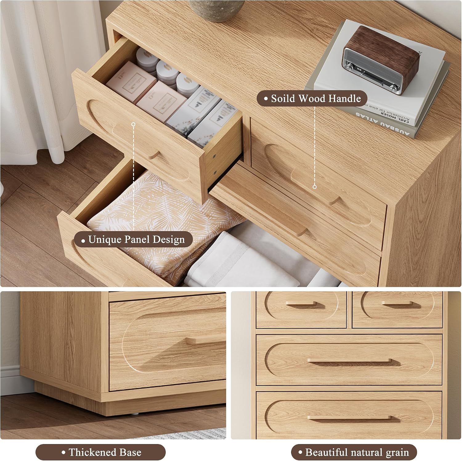 Natural Six Drawer Wooden Dresser