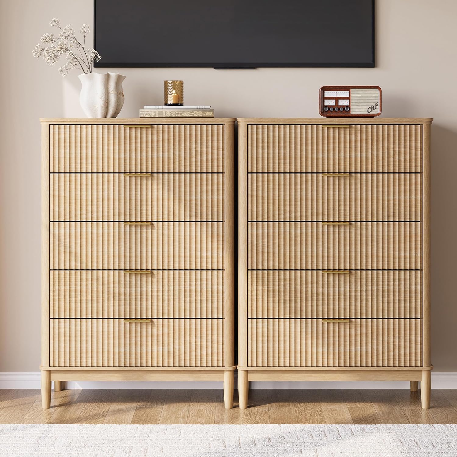 Oak Fluted Five Drawer Dresser