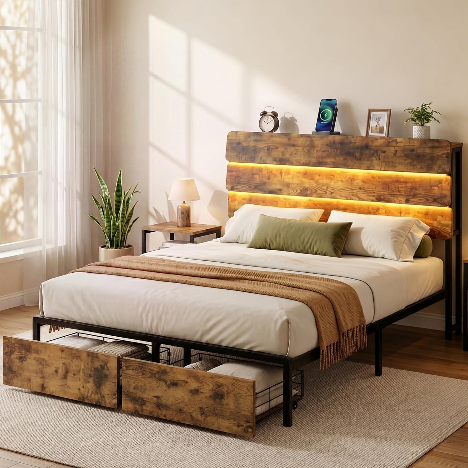 Brown Queen LED Storage Bed Frame