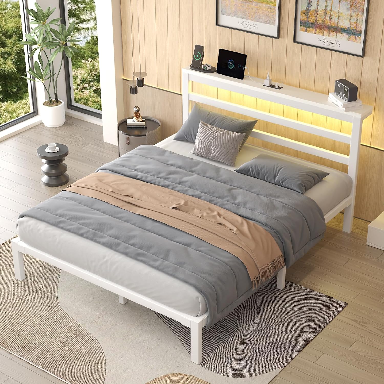 White Full LED Storage Metal Bed Frame