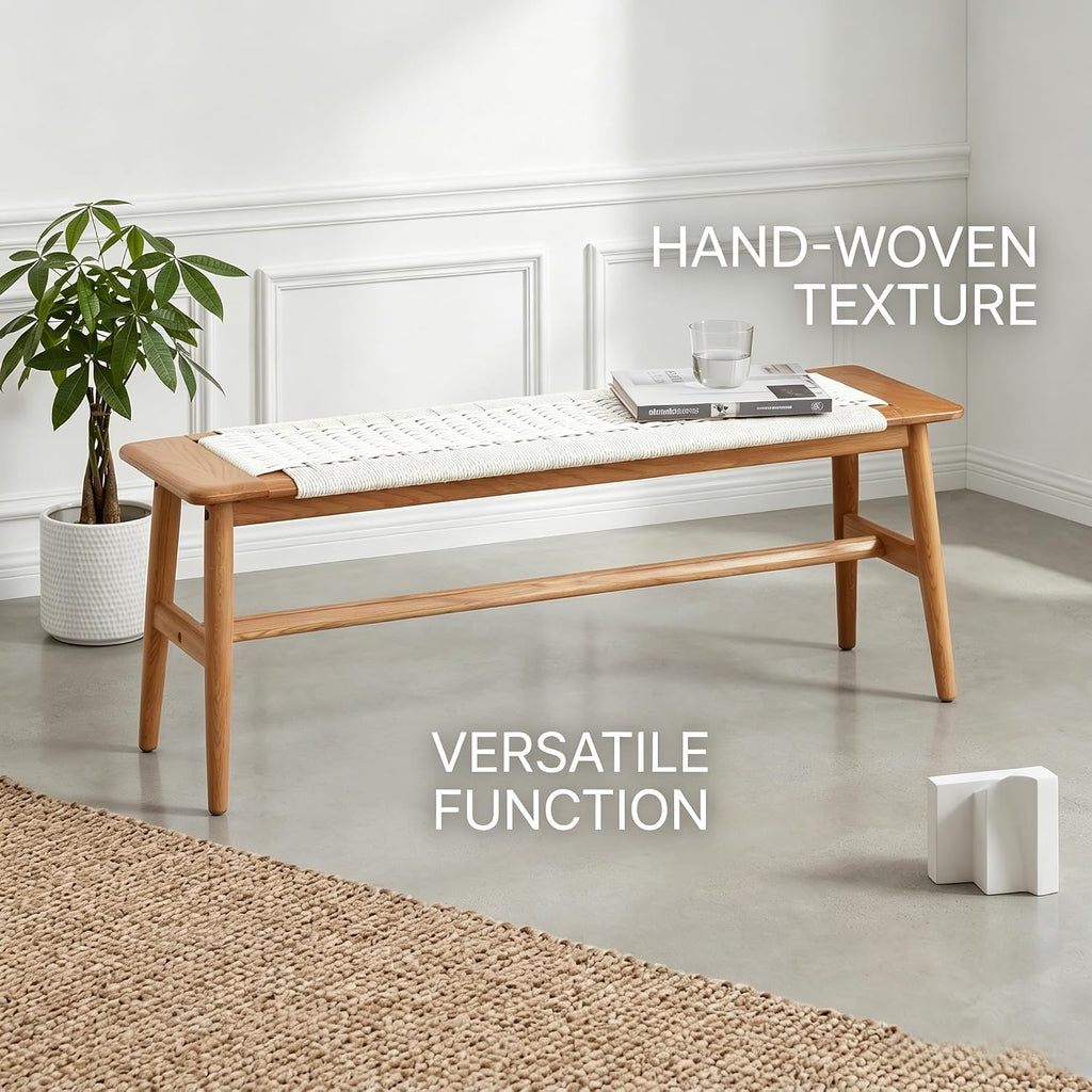 Oak Rattan Round Leg Bench