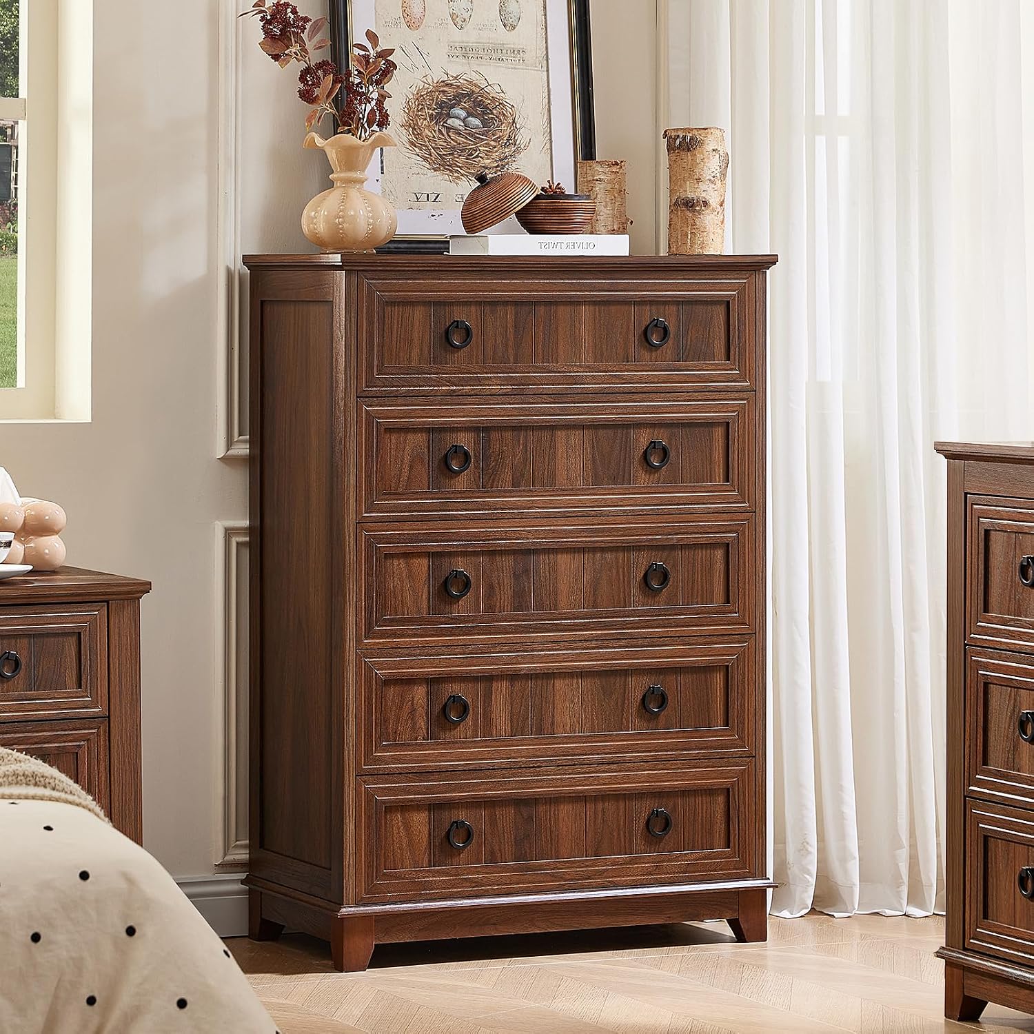 Brown Farmhouse Five Drawer Dresser