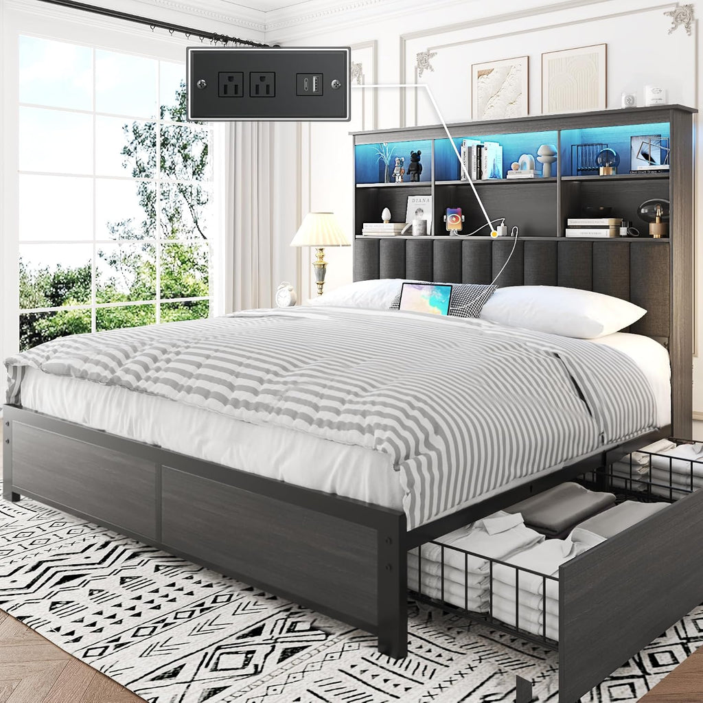 Grey Queen Bookcase Storage Bed