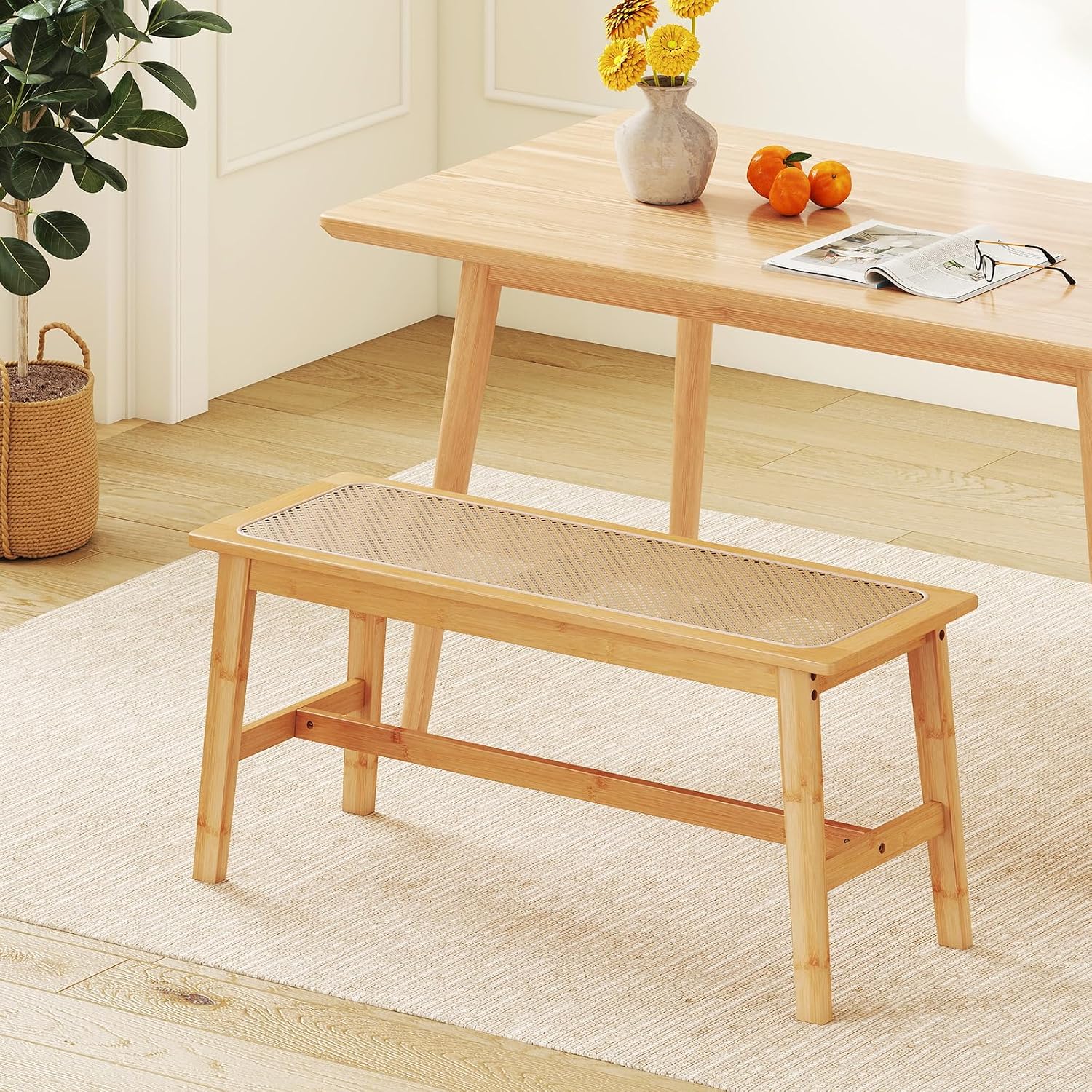 Bamboo Rattan Farmhouse Bench