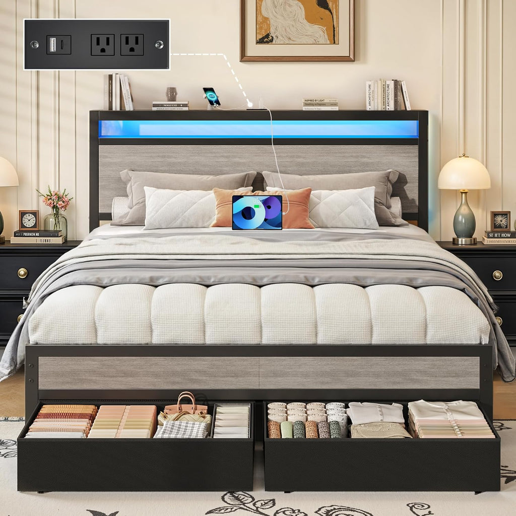 Grey Queen Storage LED Bed Frame