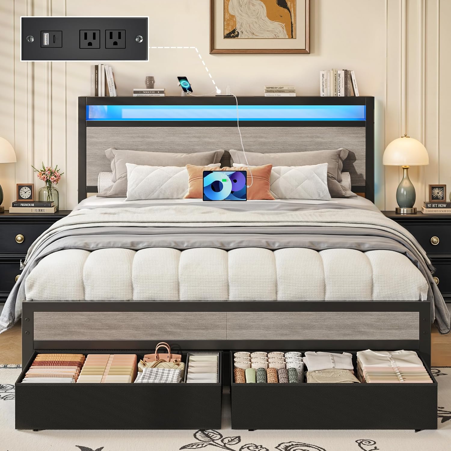 Grey Queen Storage LED Bed Frame