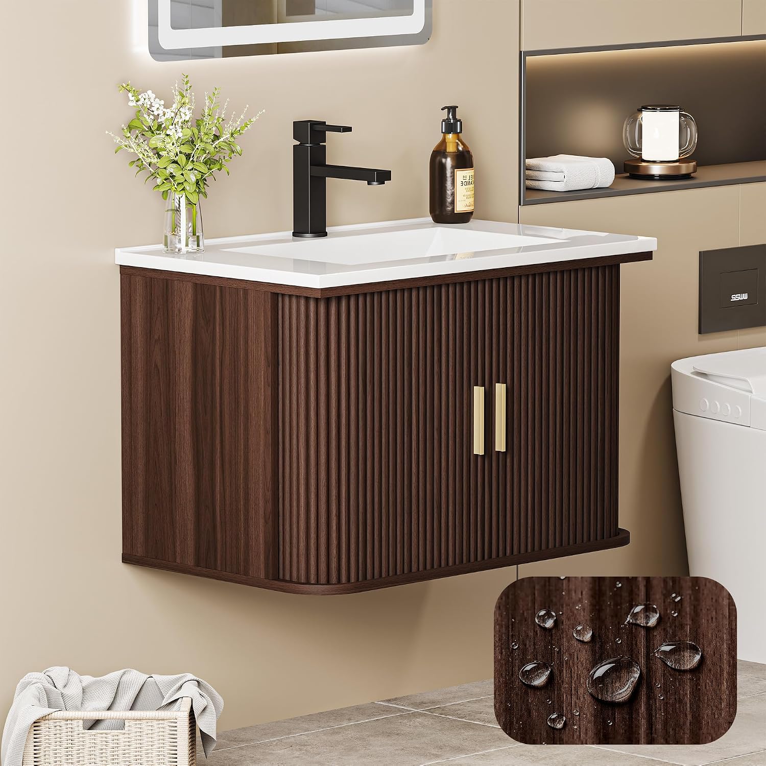 Walnut Fluted Door Floating Vanity
