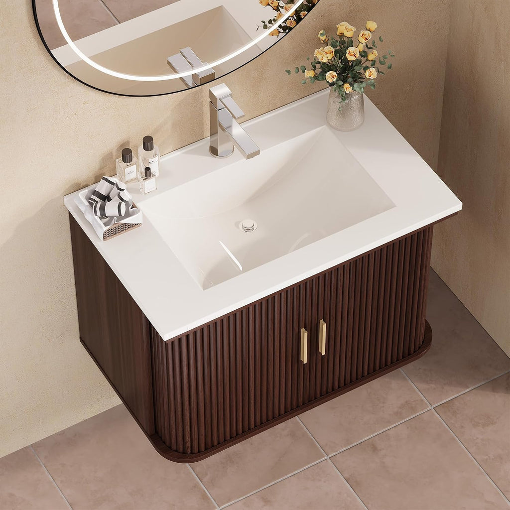Walnut Fluted Door Floating Vanity