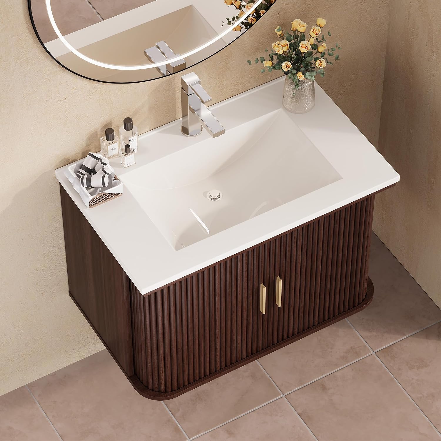 Walnut Fluted Door Floating Vanity