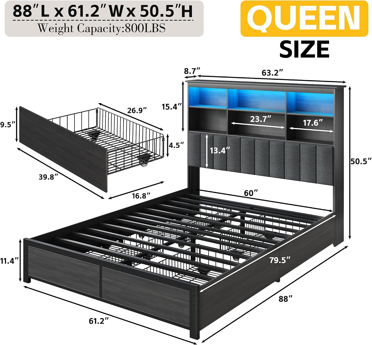 Grey Queen Bookcase Storage Bed