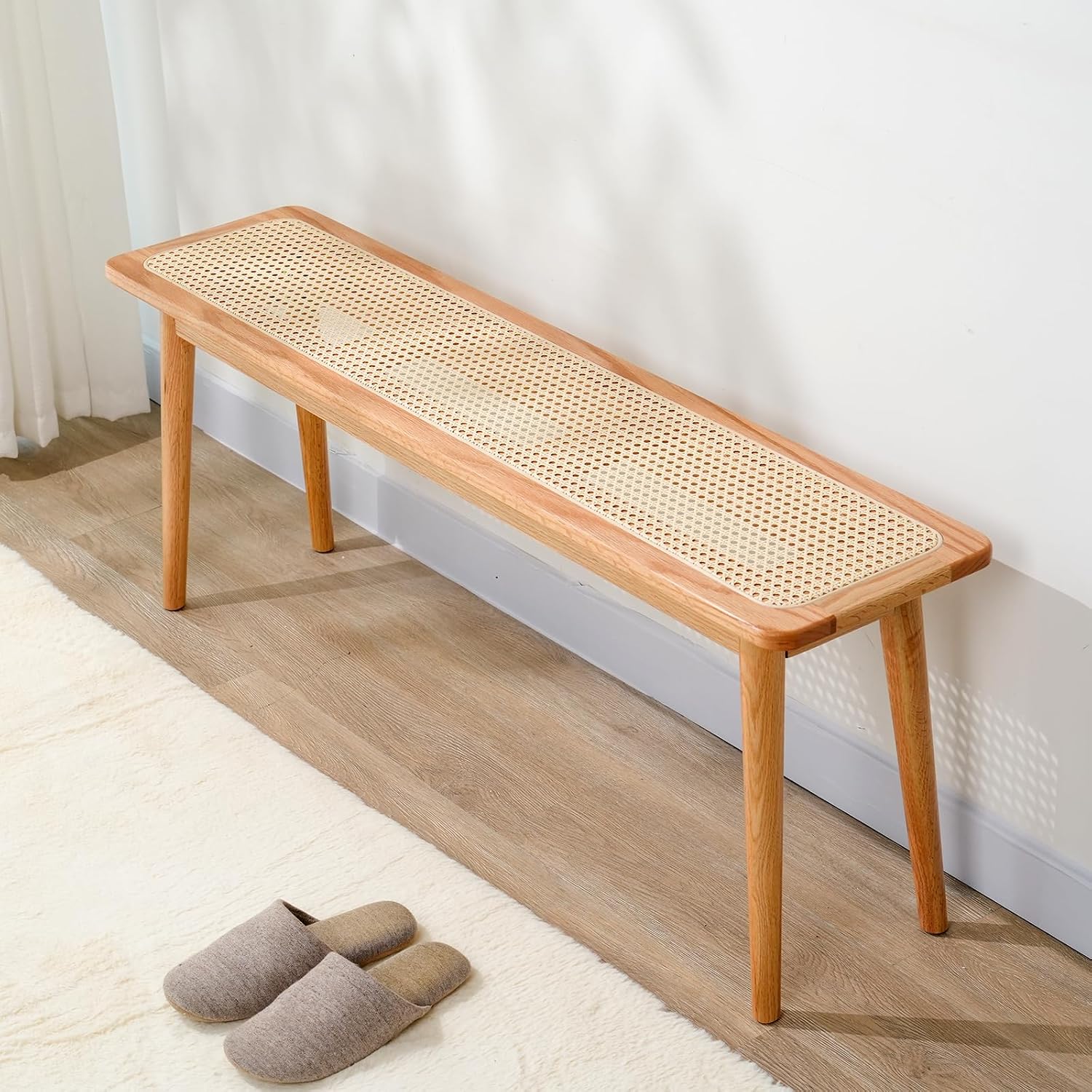 Natural Rattan Top Wood Bench