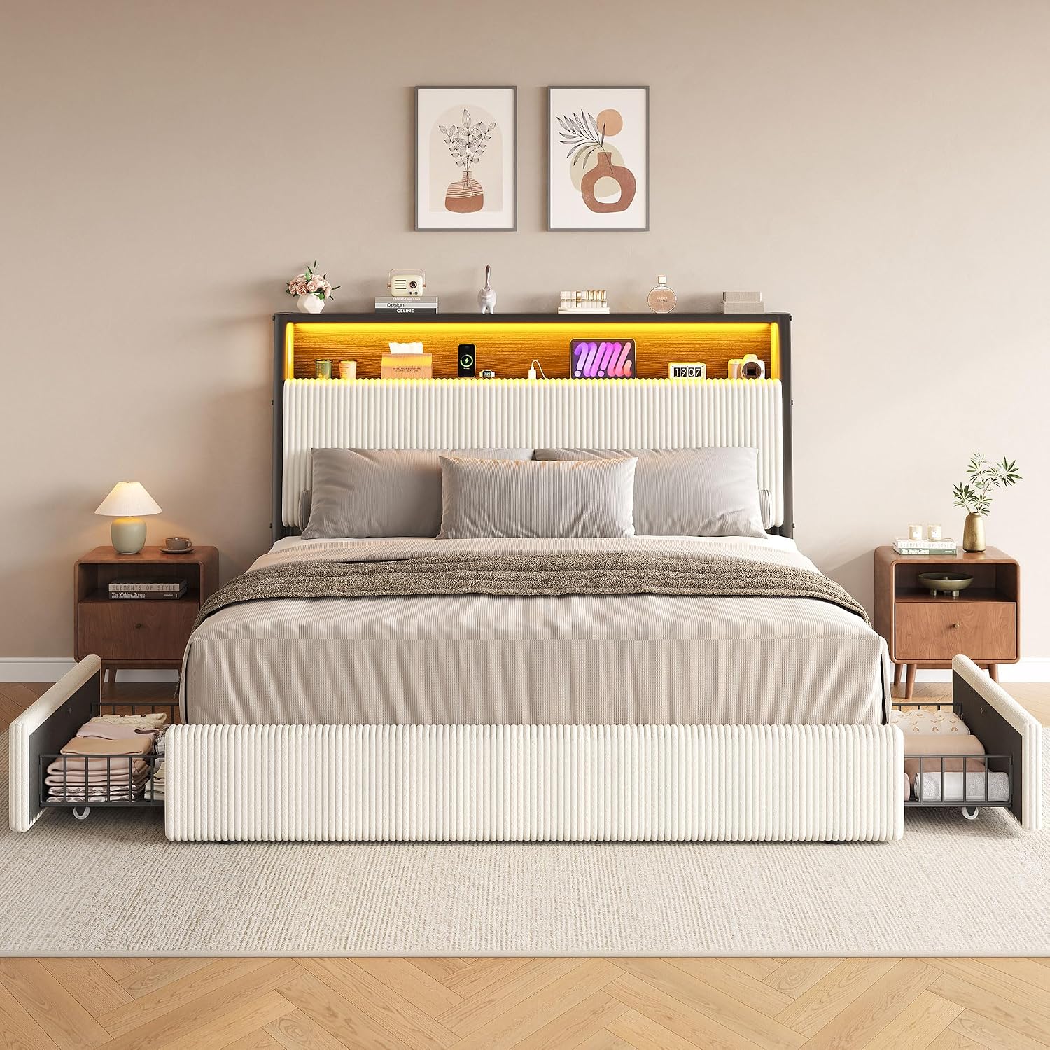 Beige Corduroy LED Storage Bed Frame