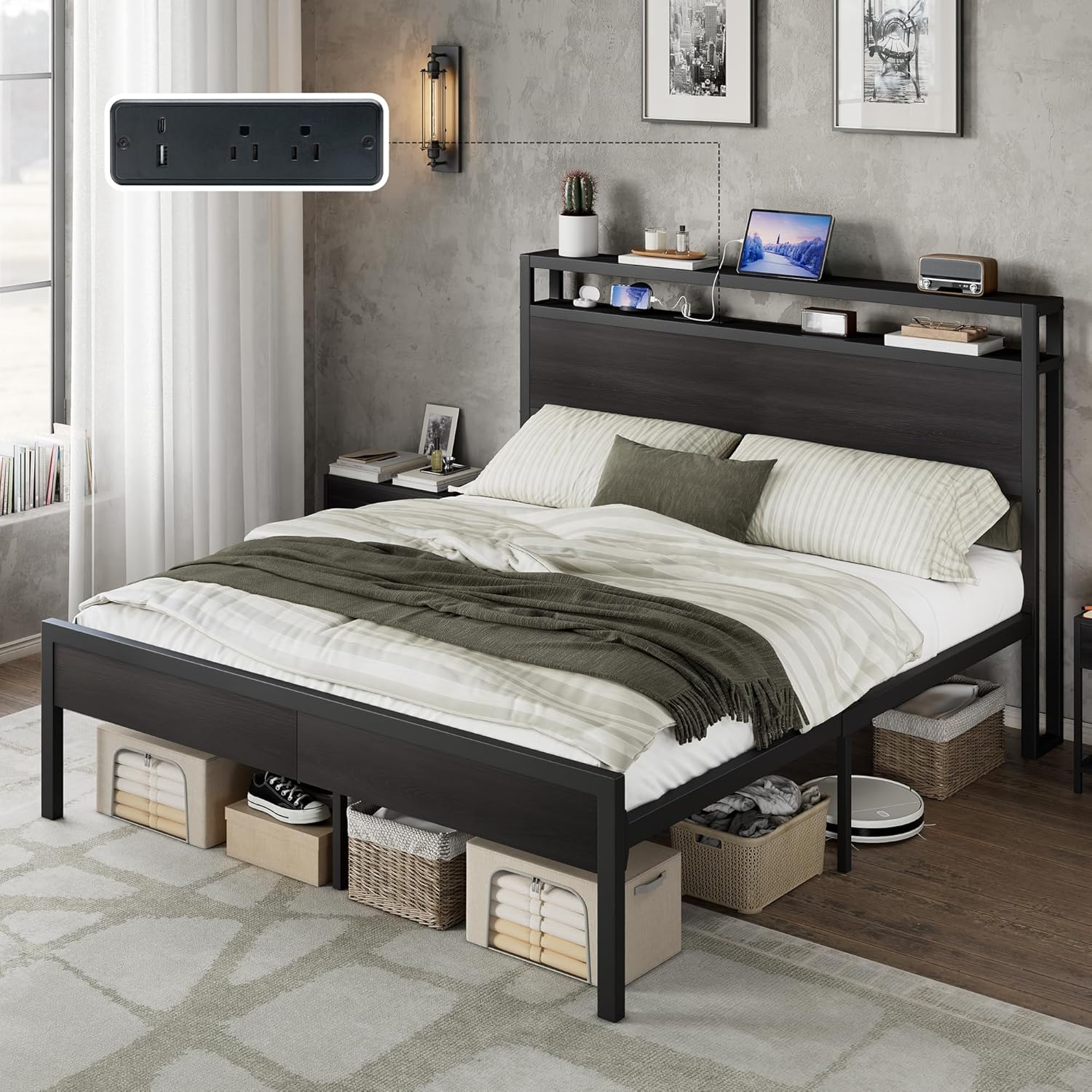 Black Industrial Storage Metal Bed Frame