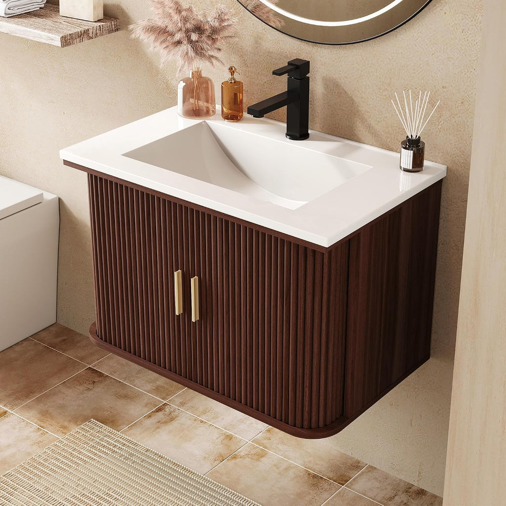 Walnut Fluted Door Floating Vanity