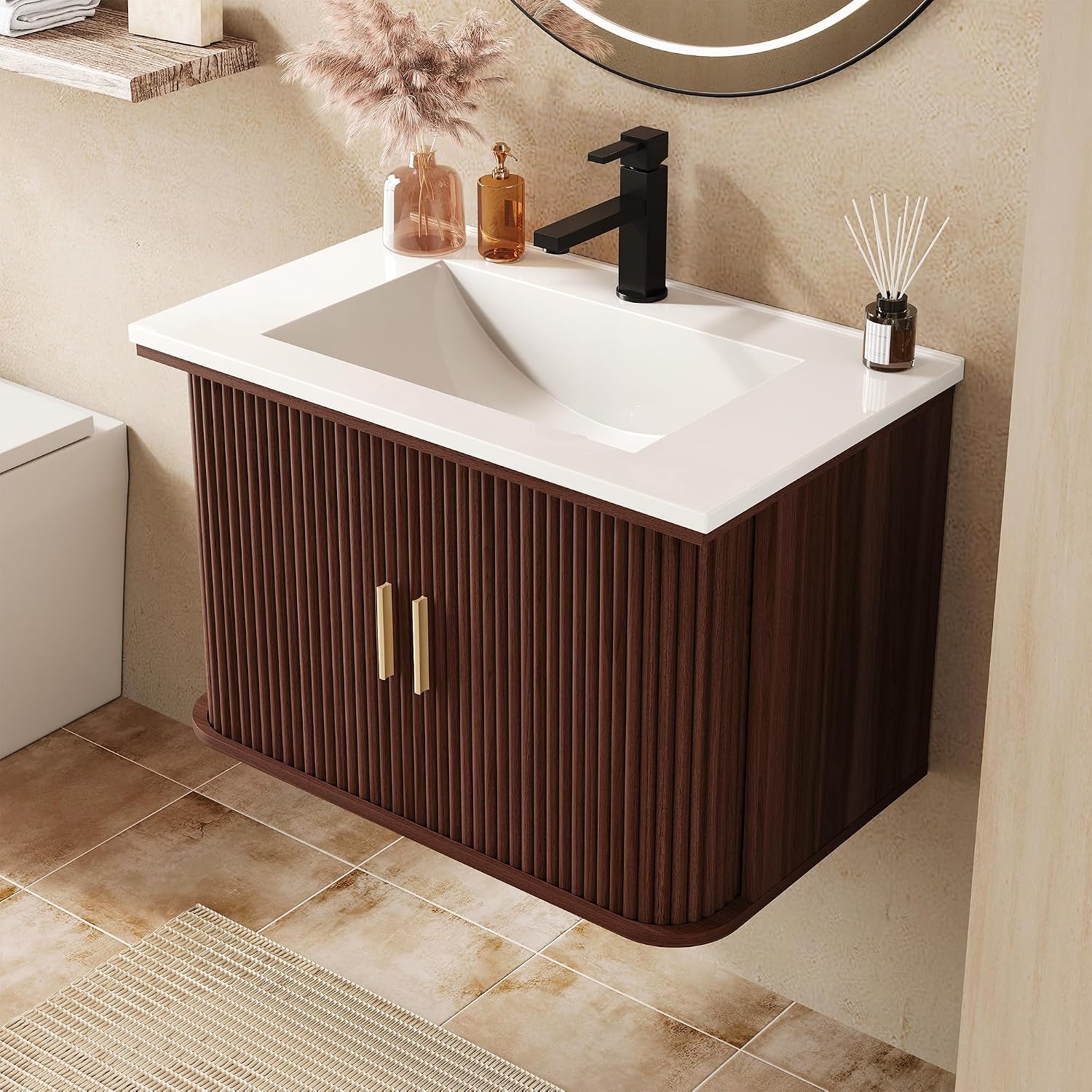 Walnut Fluted Door Floating Vanity
