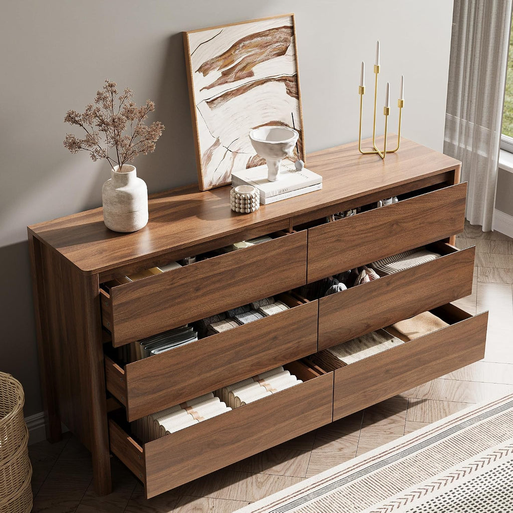 Walnut Six Drawer Hidden Handle Dresser