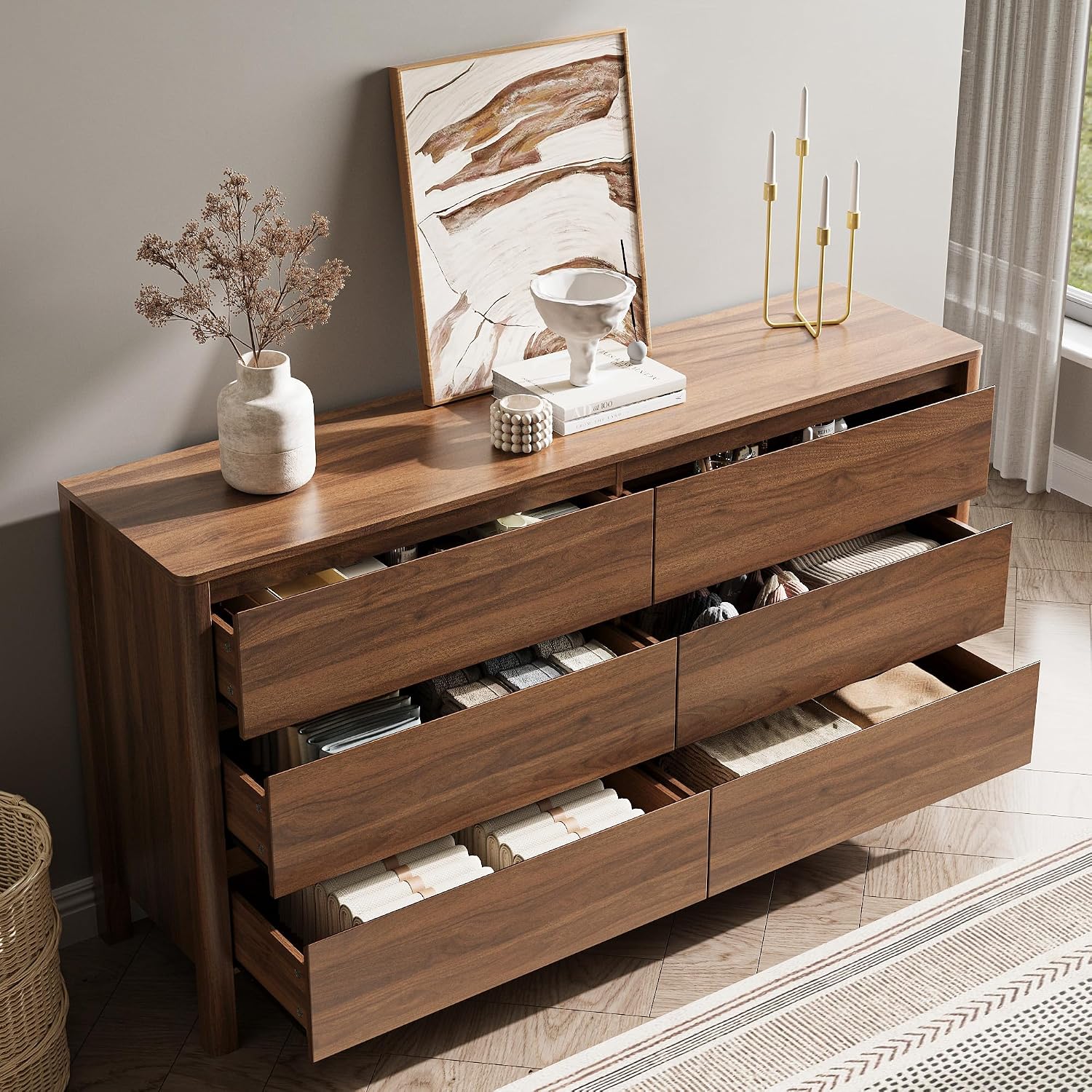 Walnut Six Drawer Hidden Handle Dresser