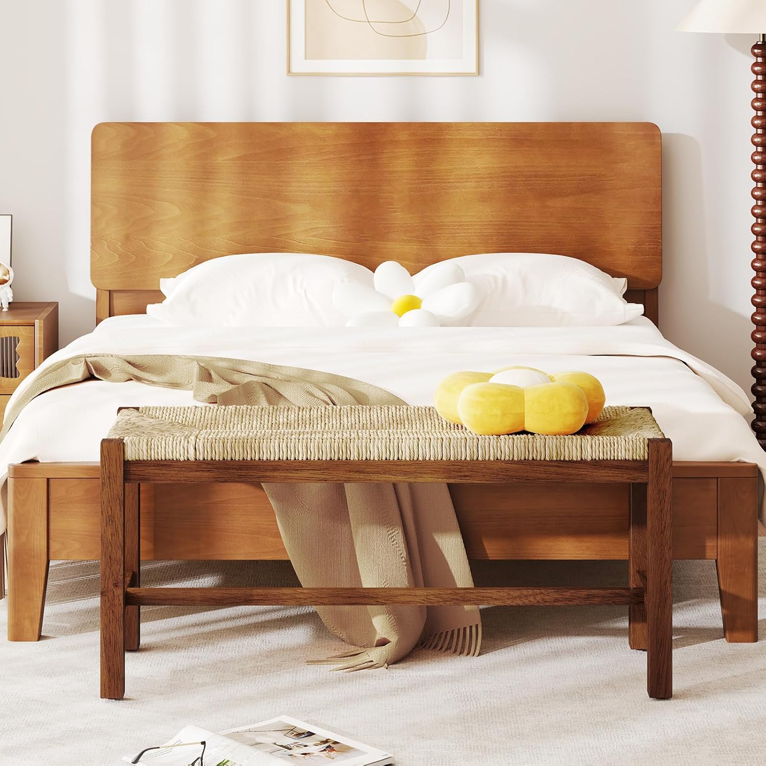 Rubber Wood Seagrass Dining Bench