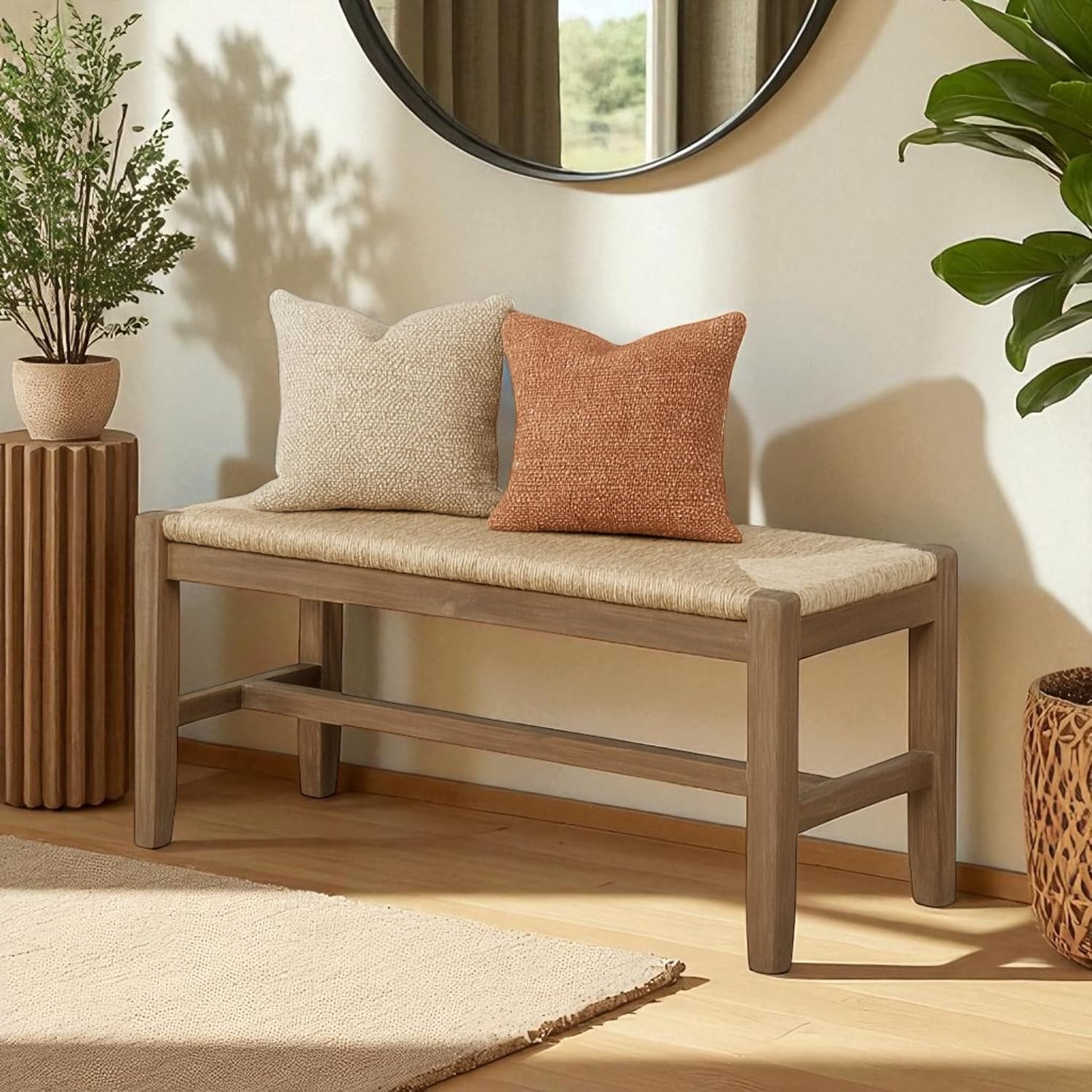 Natural Wood Seagrass Seat Bench