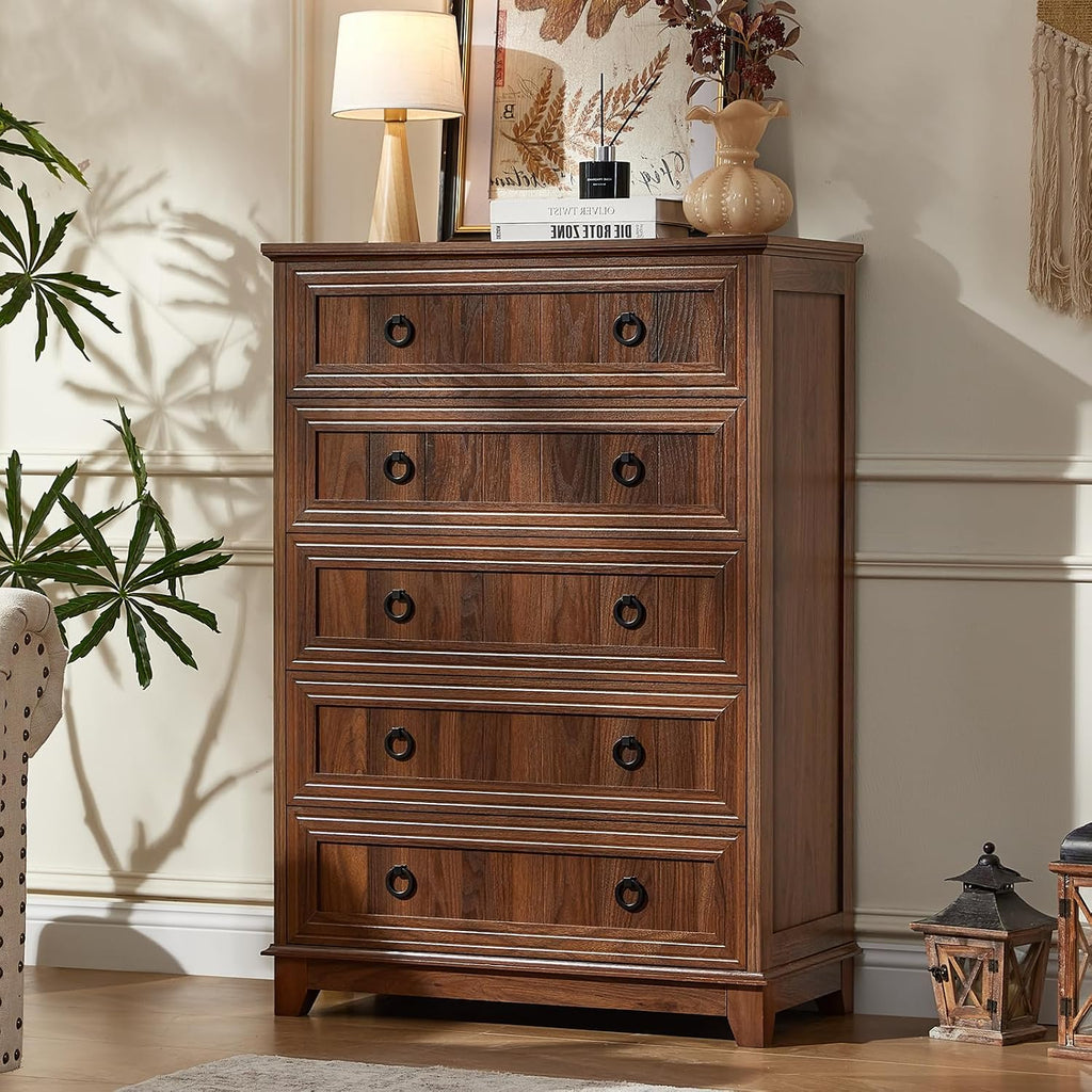 Brown Farmhouse Five Drawer Dresser