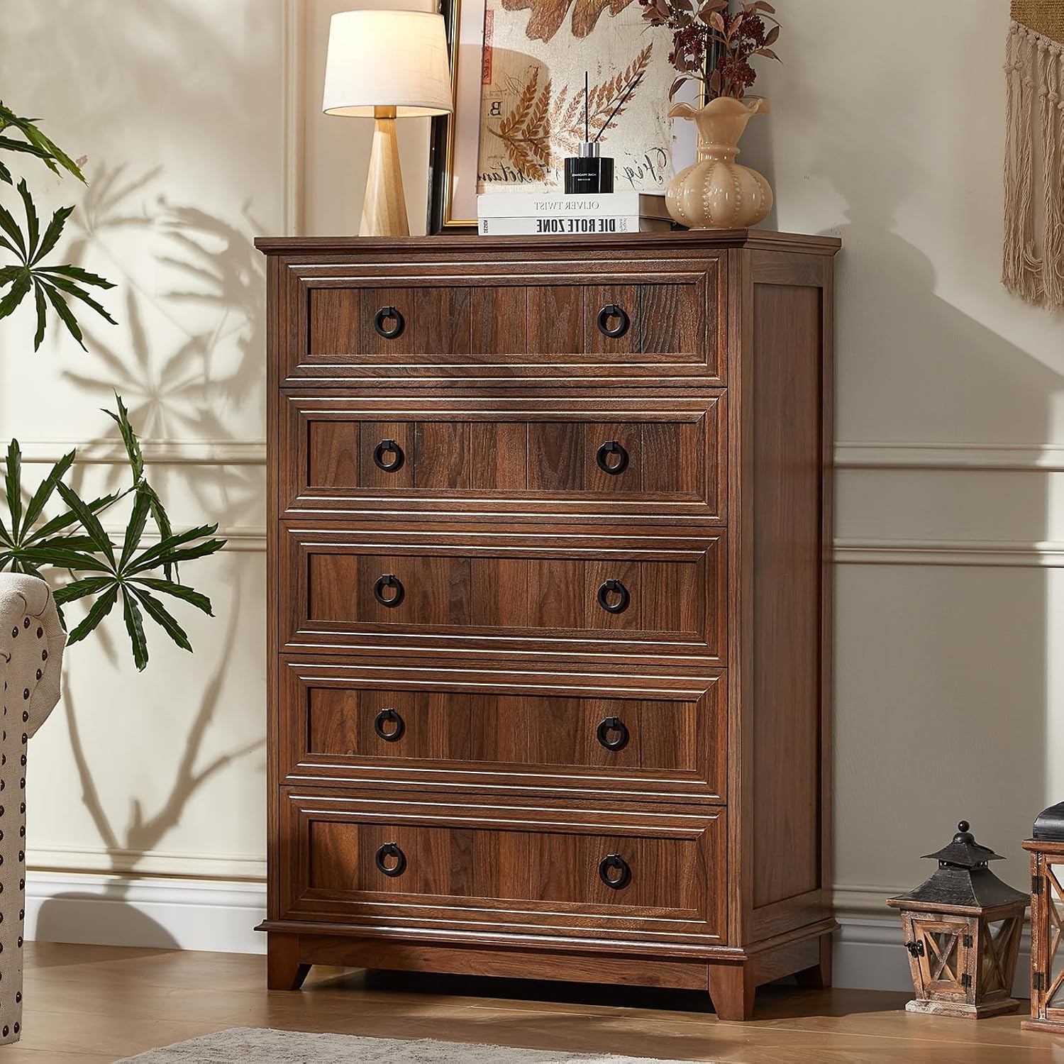 Brown Farmhouse Five Drawer Dresser