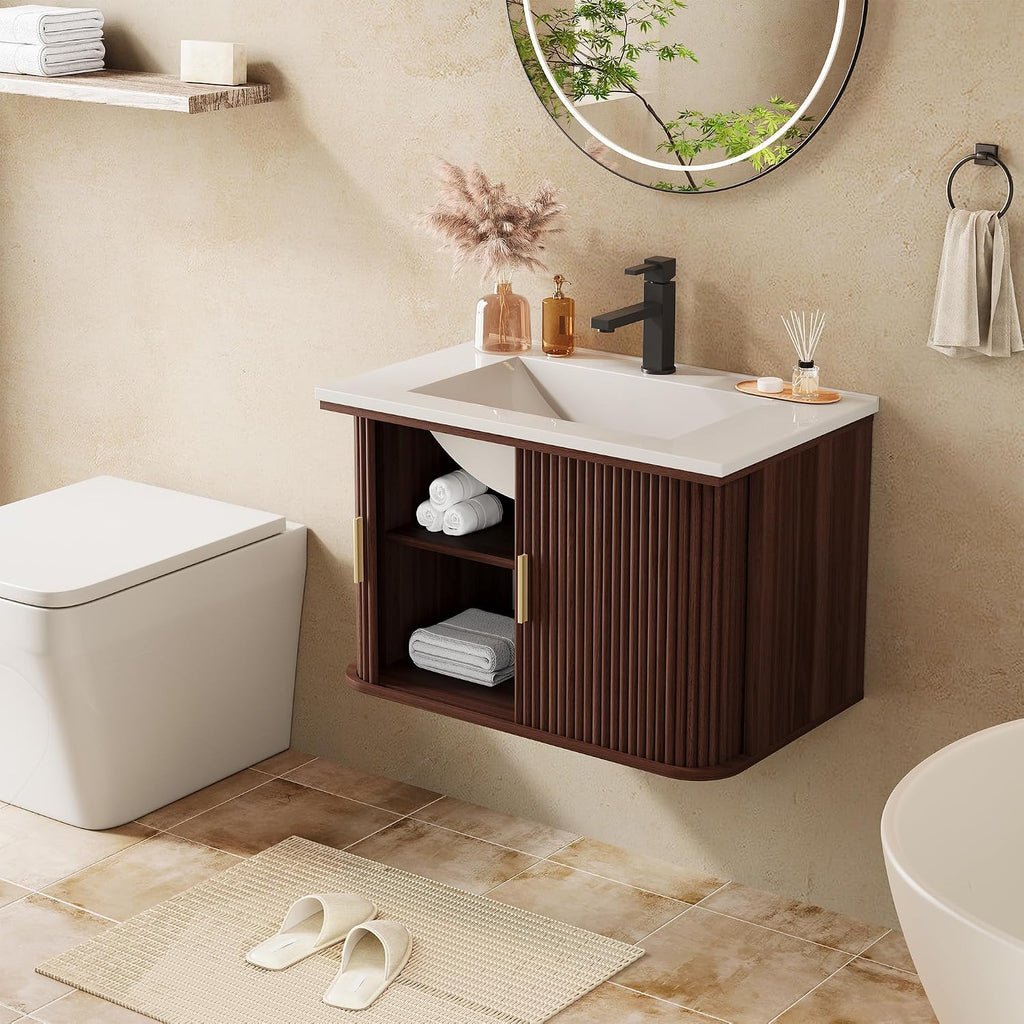Walnut Fluted Door Floating Vanity