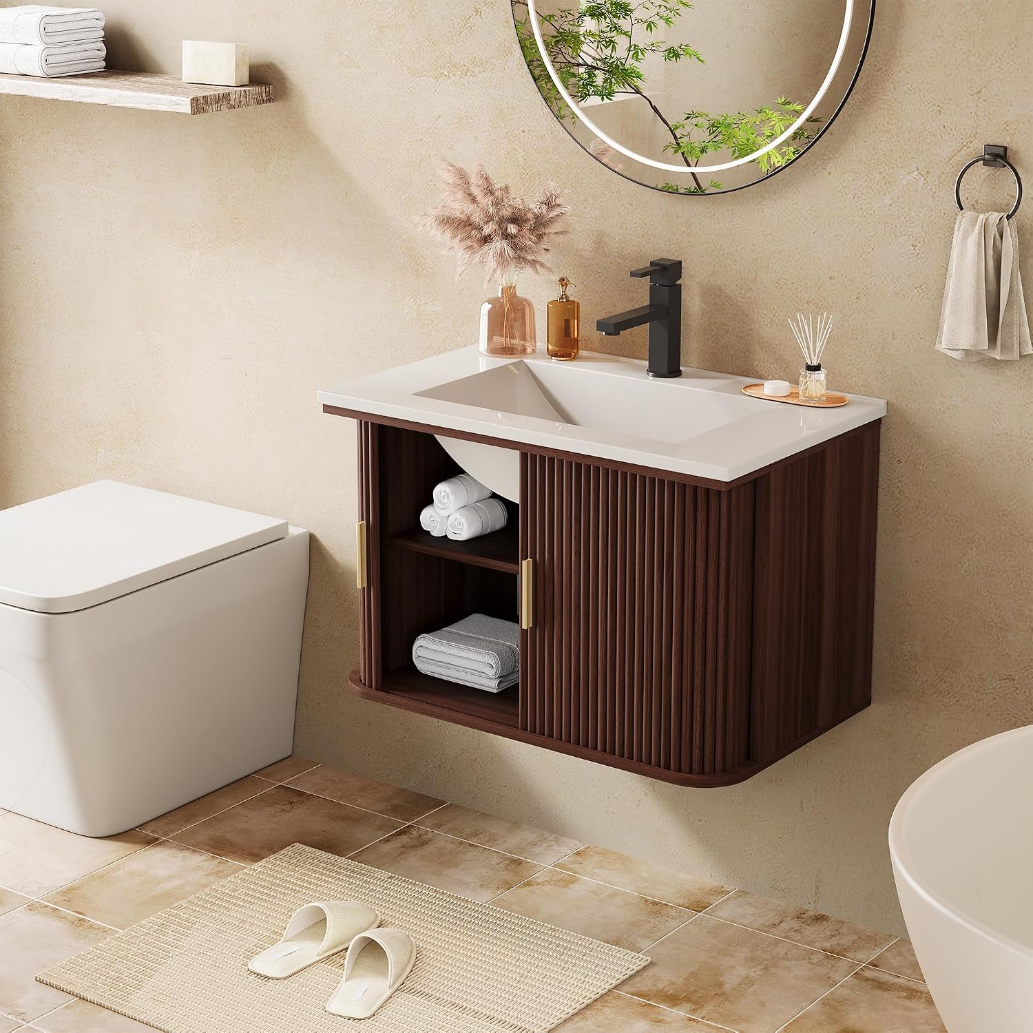 Walnut Fluted Door Floating Vanity