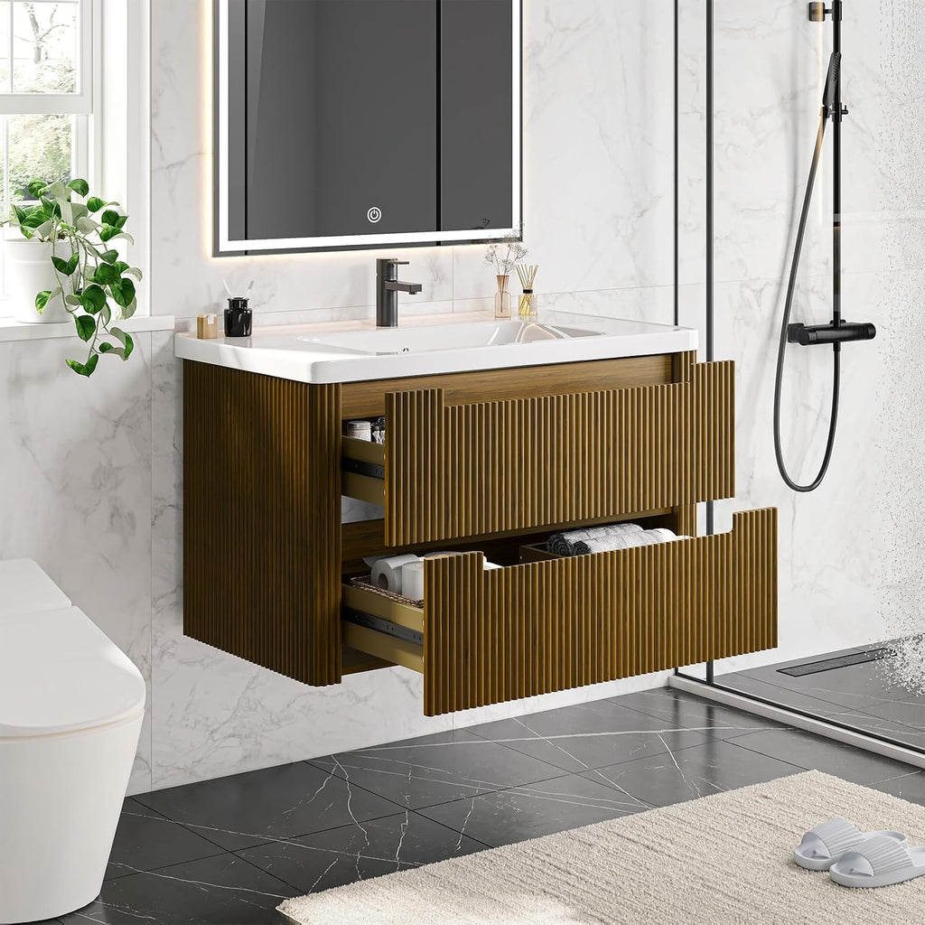 Walnut Curved Floating Vanity