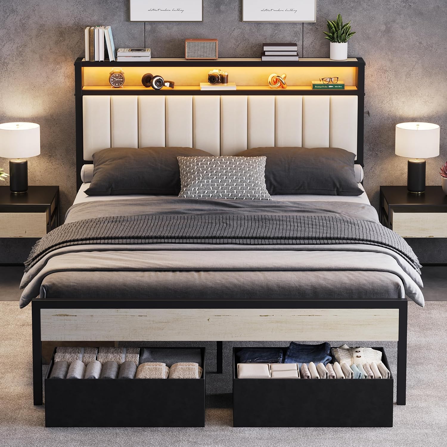 White Queen Velvet LED Storage Bed