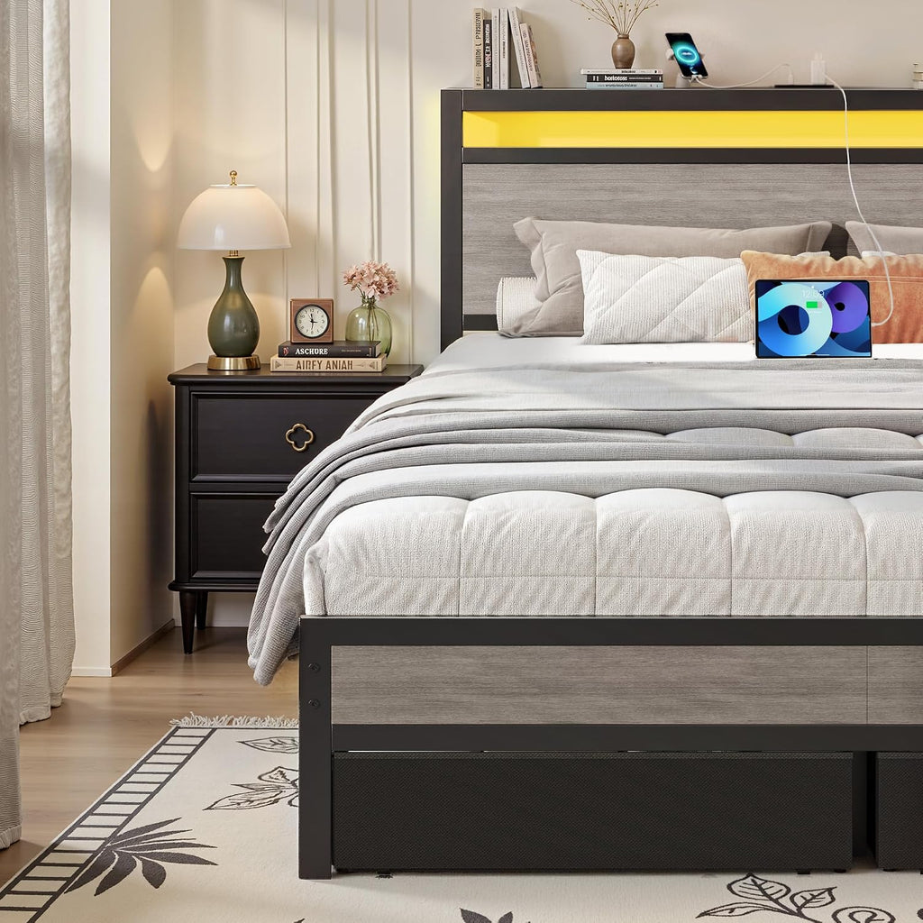 Grey Queen Storage LED Bed Frame