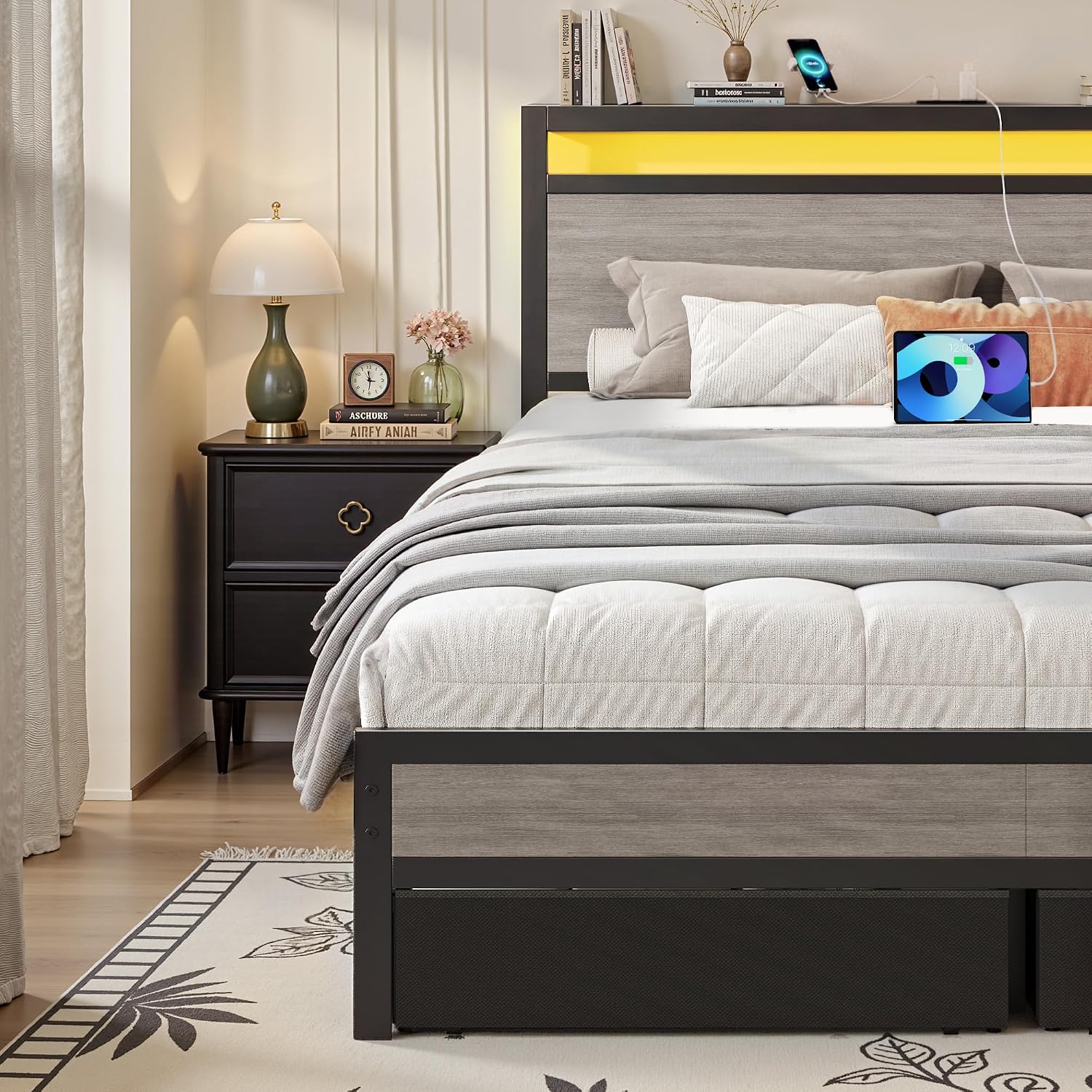 Grey Queen Storage LED Bed Frame