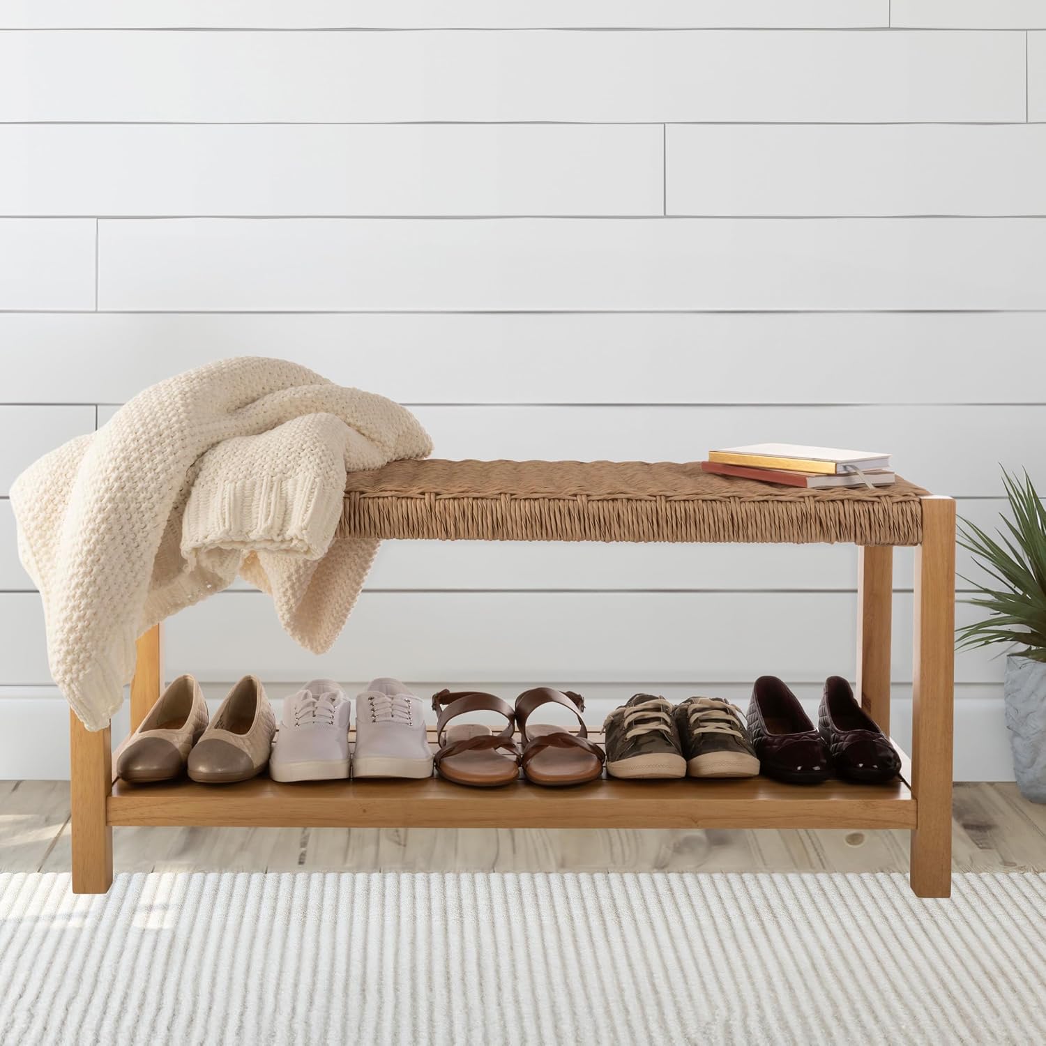 Light Wood Woven Rope Bench