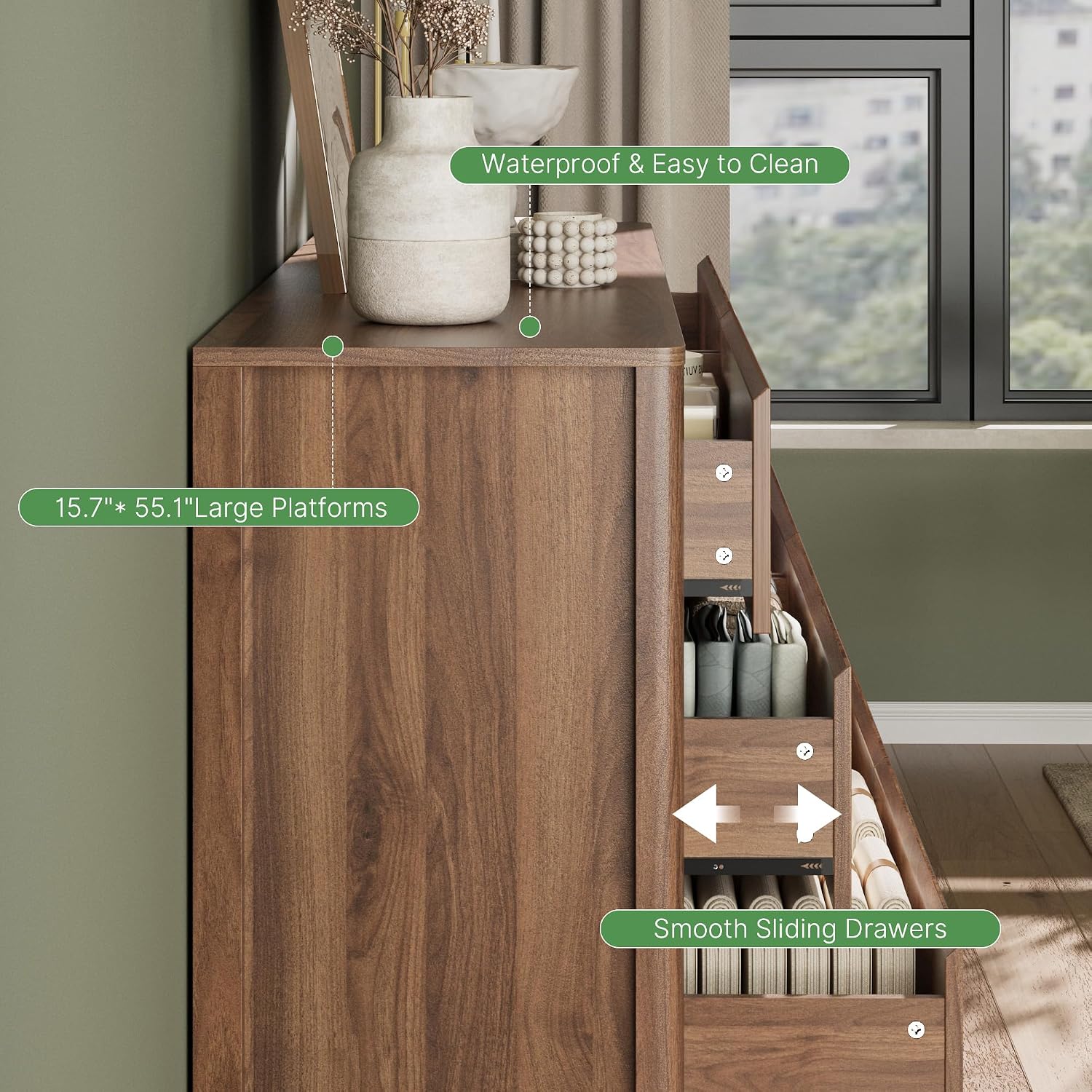 Walnut Six Drawer Hidden Handle Dresser