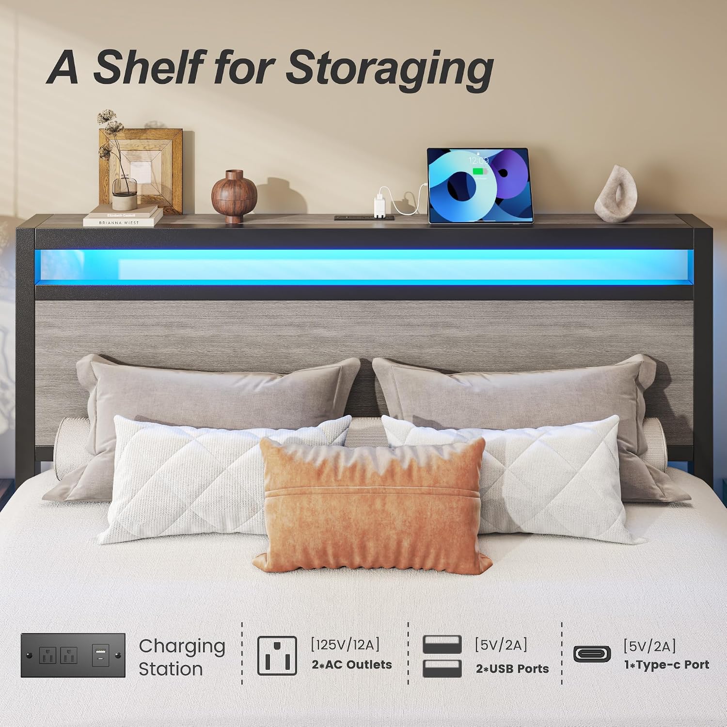 Grey Queen Storage LED Bed Frame