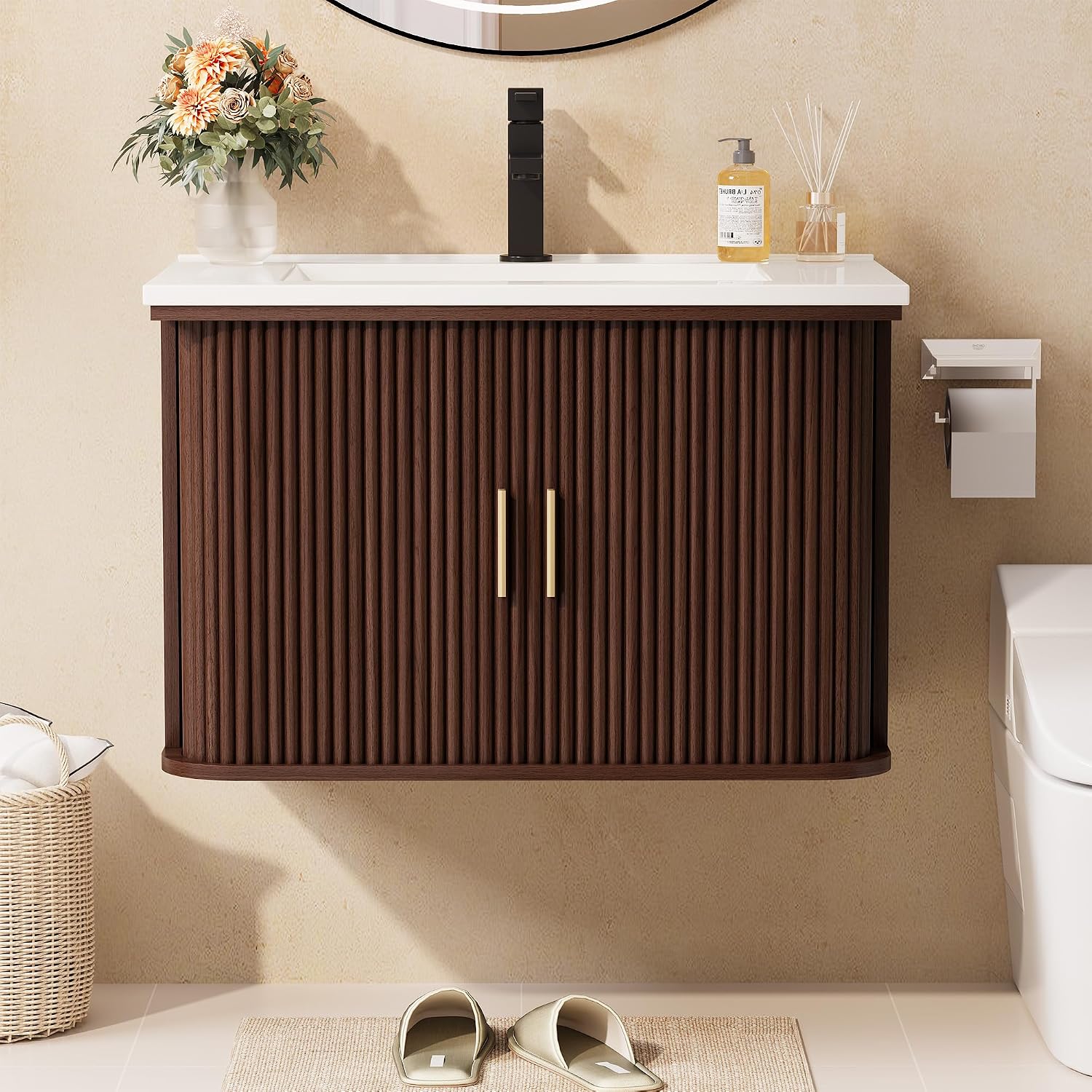 Walnut Fluted Door Floating Vanity
