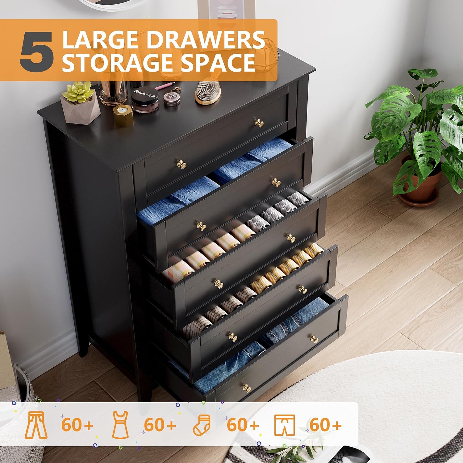 Black Five Drawer Storage Dresser