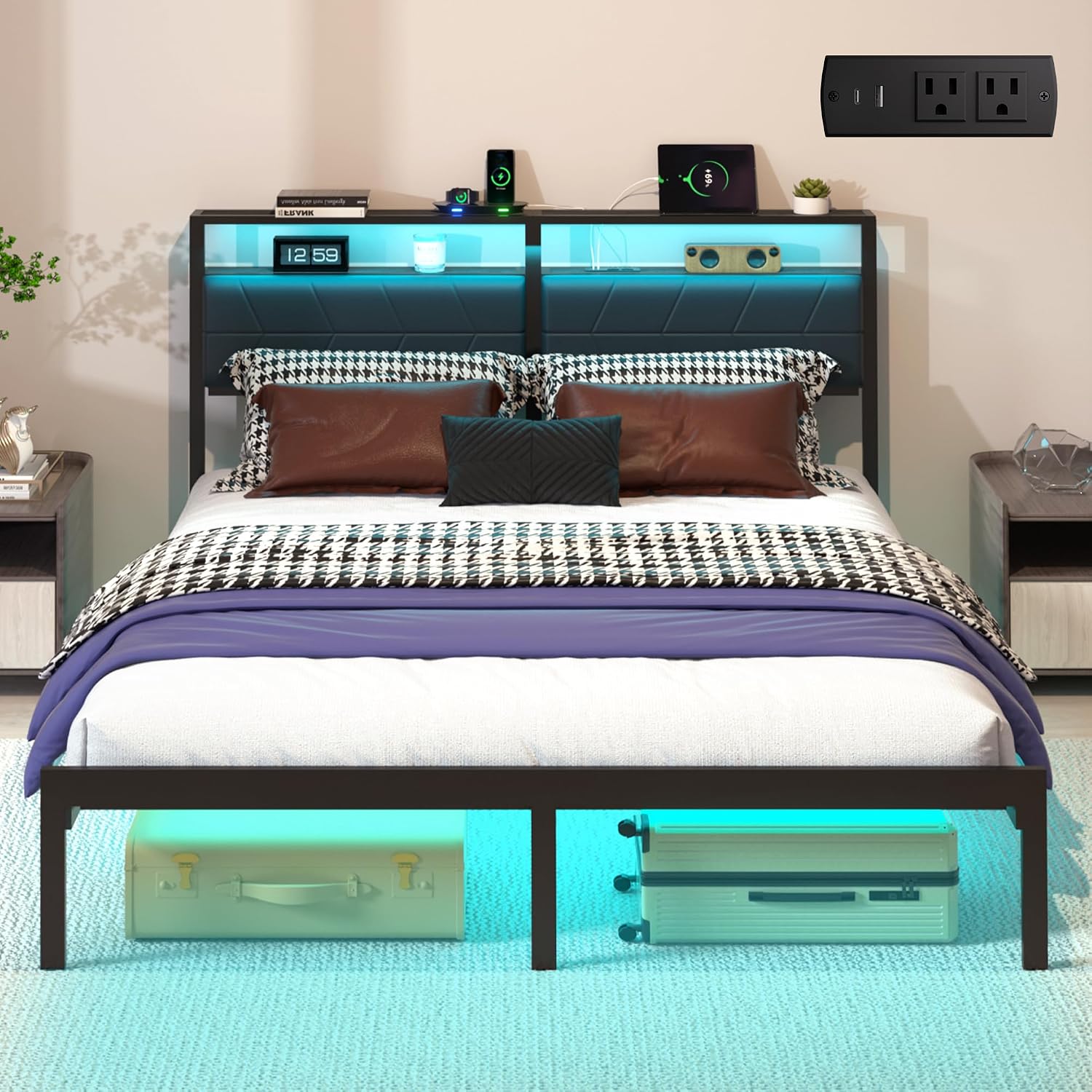 Queen LED Storage Metal Bed Frame
