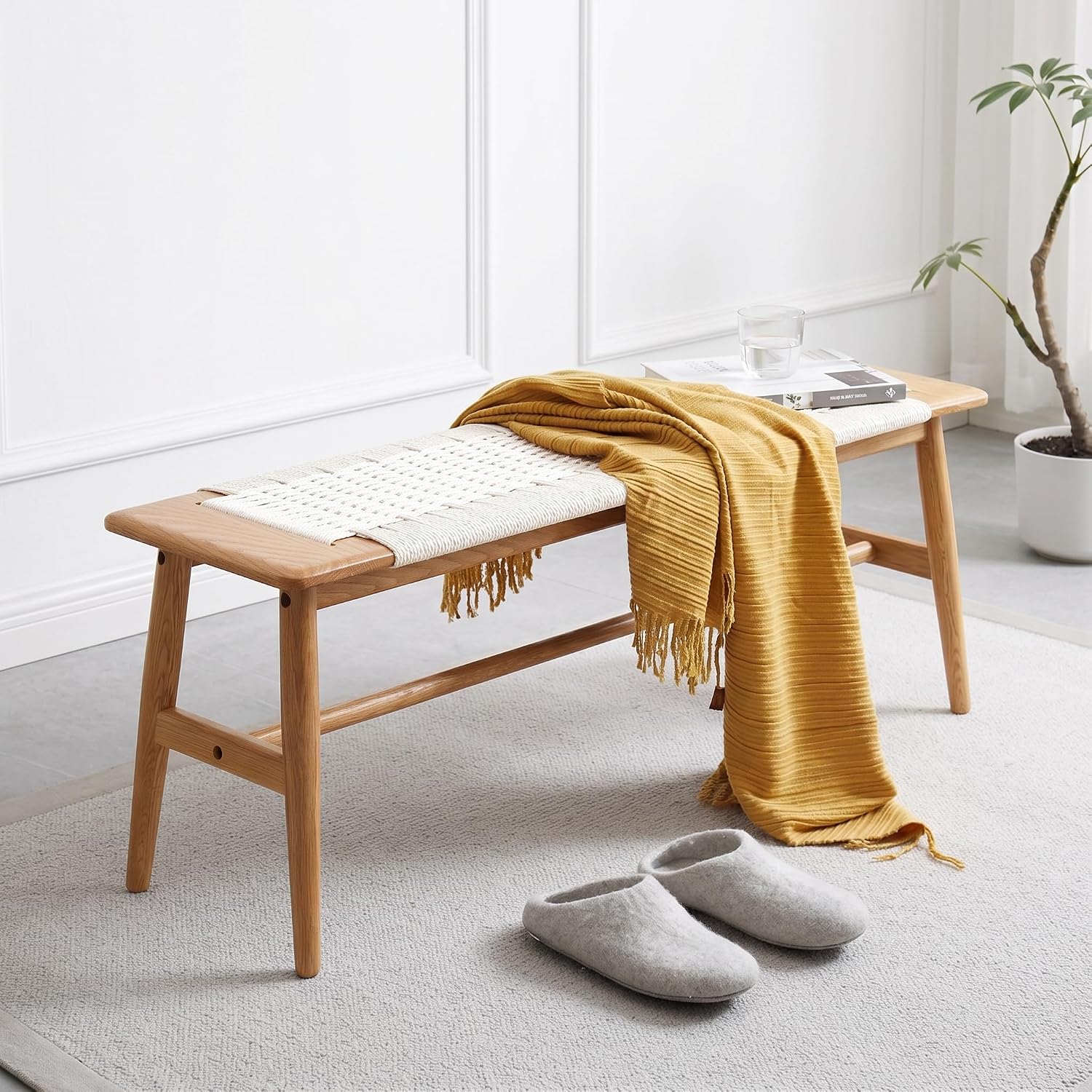 Oak Rattan Round Leg Bench