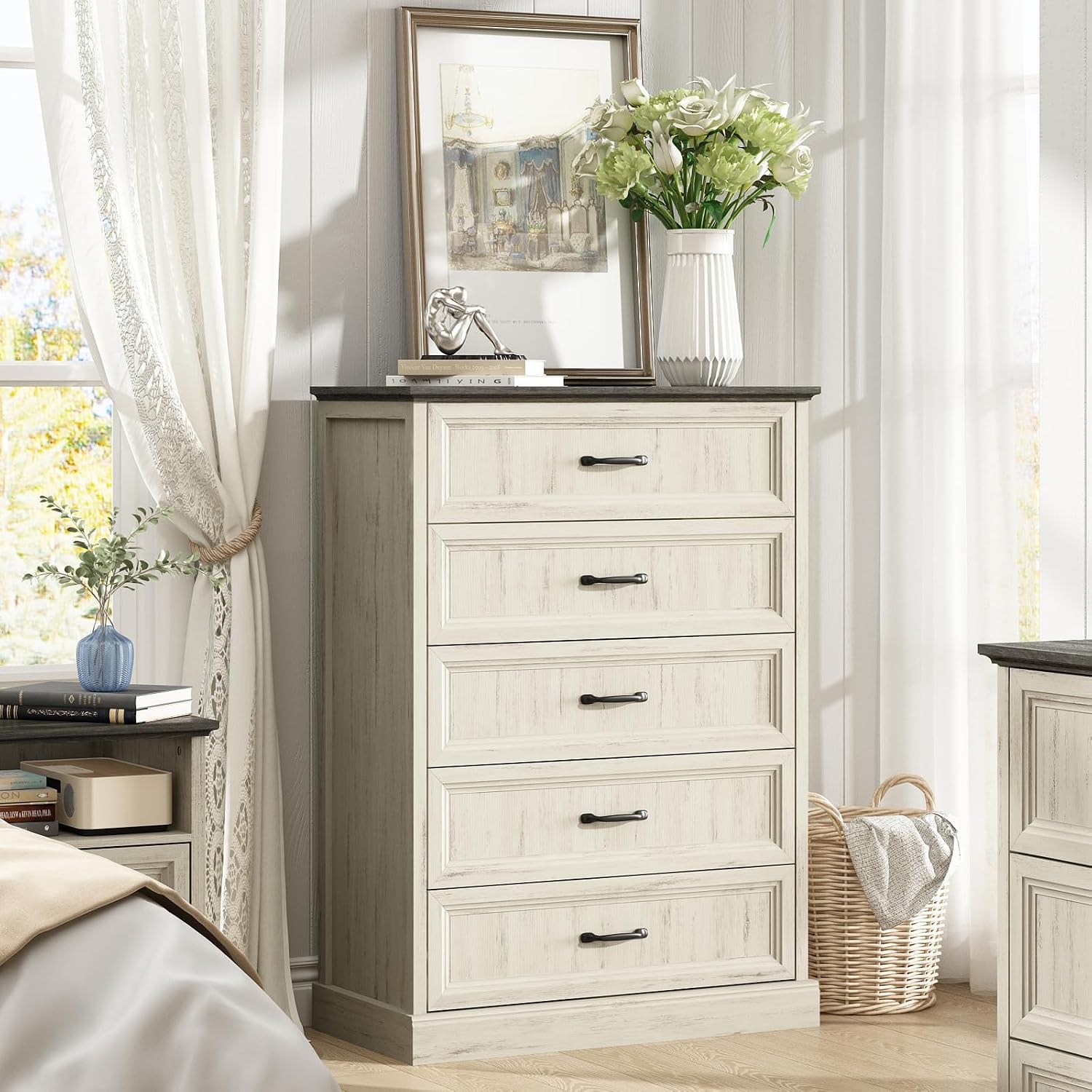White Farmhouse Five Drawer Dresser