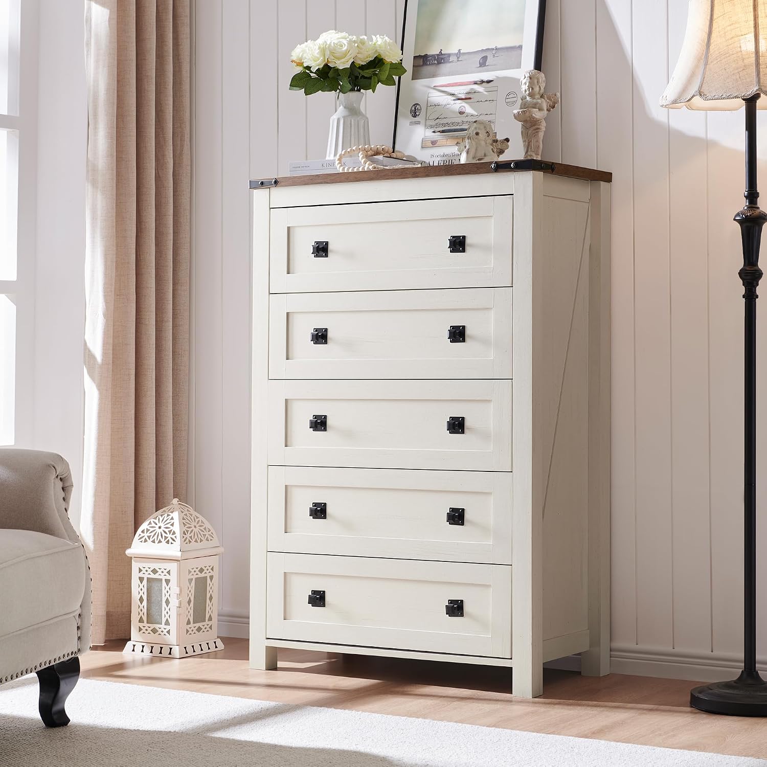 Antique White Five Drawer Dresser