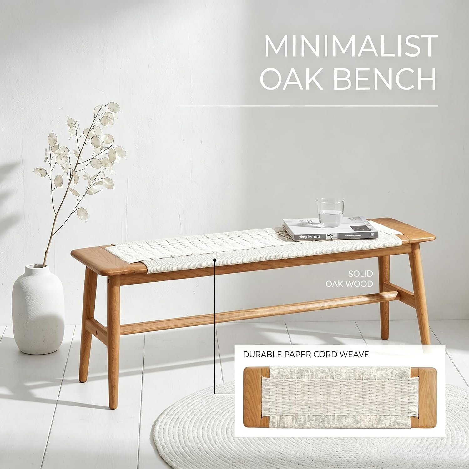Oak Rattan Round Leg Bench