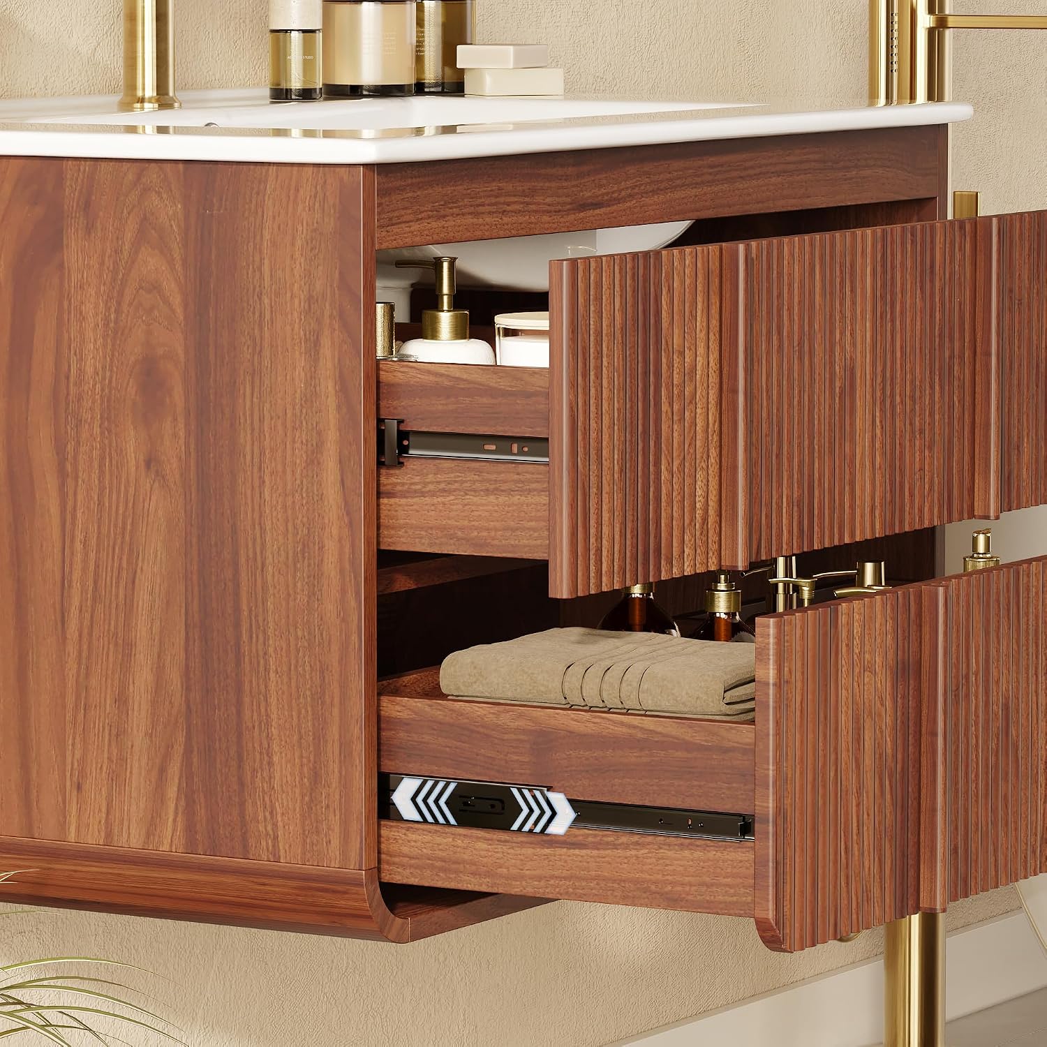 Walnut Fluted Floating Bathroom Vanity