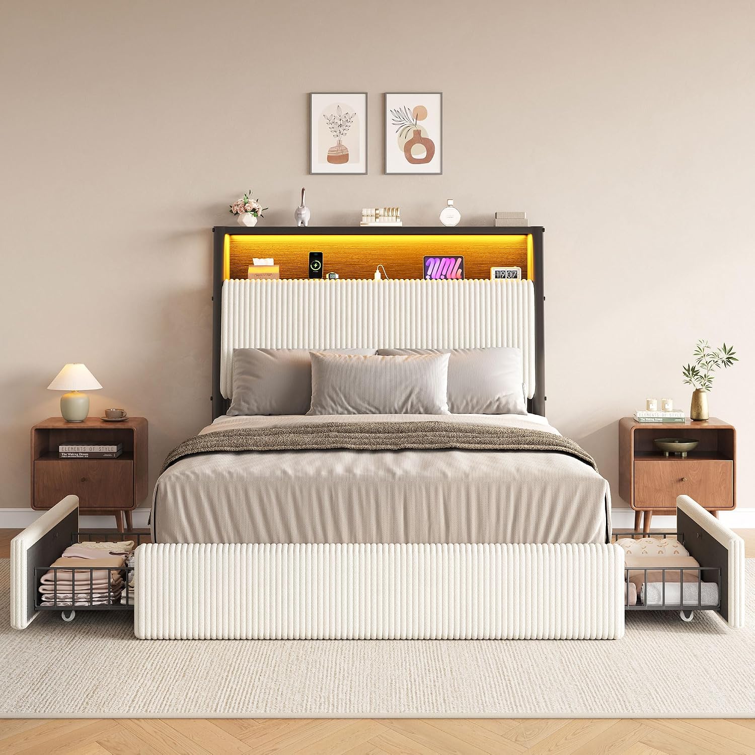Beige Corduroy LED Storage Bed Frame