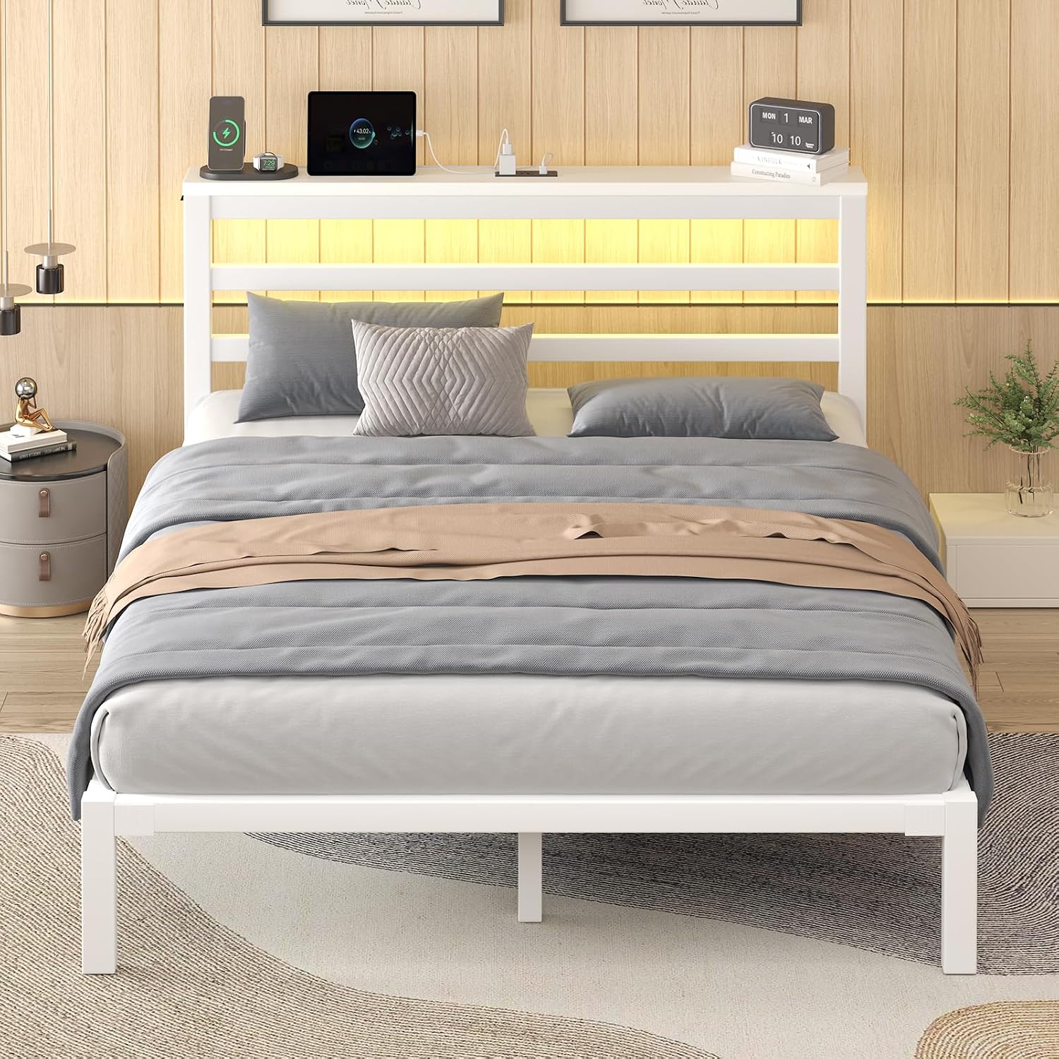 White Full LED Storage Metal Bed Frame