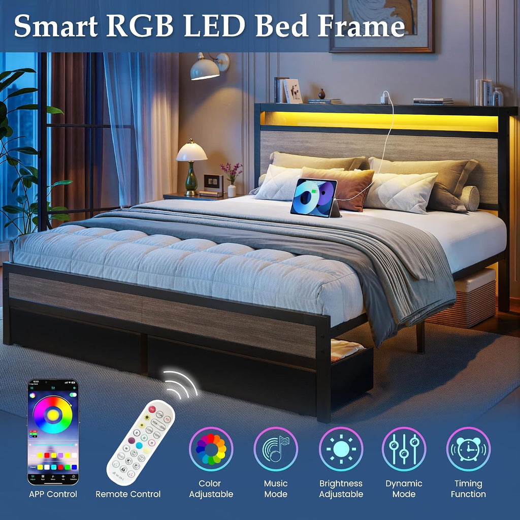 Grey Queen Storage LED Bed Frame