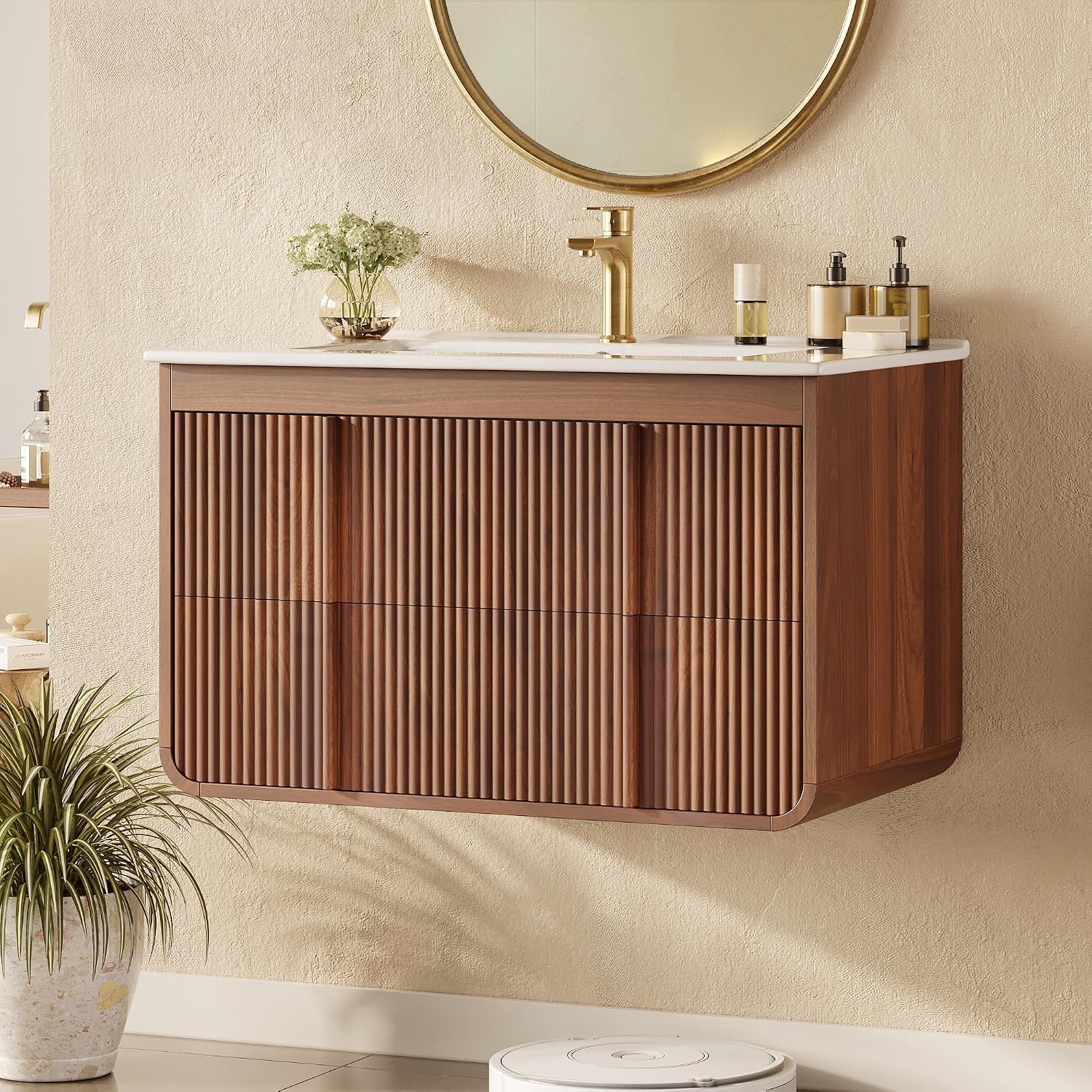 Walnut Fluted Floating Bathroom Vanity