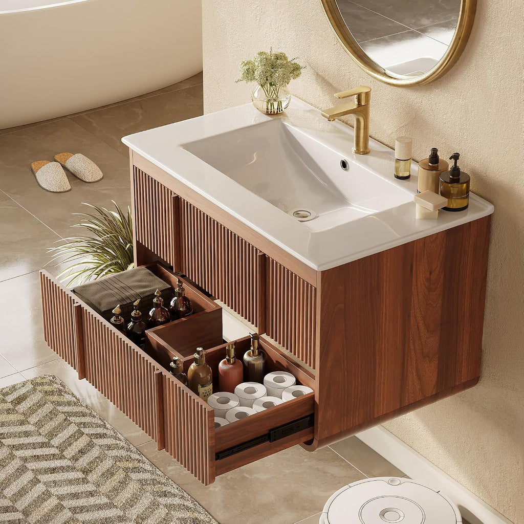 Walnut Fluted Floating Bathroom Vanity