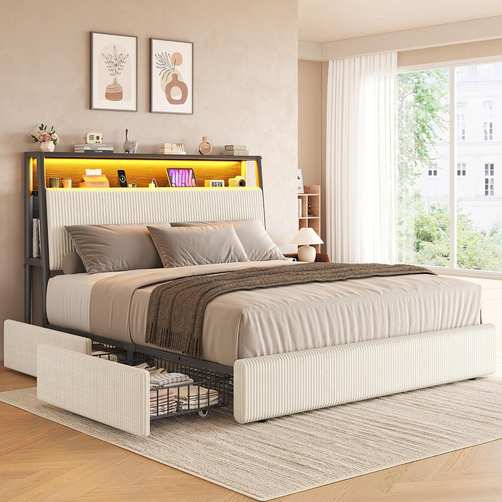 Beige Corduroy LED Storage Bed Frame